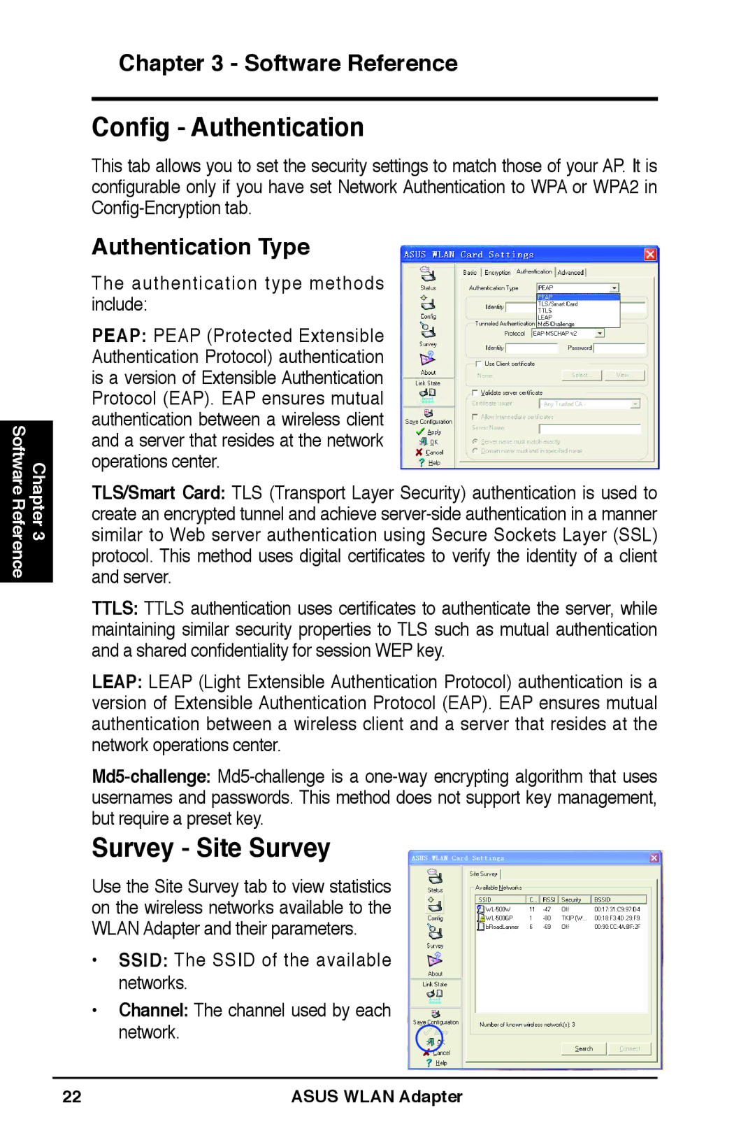 Asus WL-160N user manual Config Authentication, Survey Site Survey 