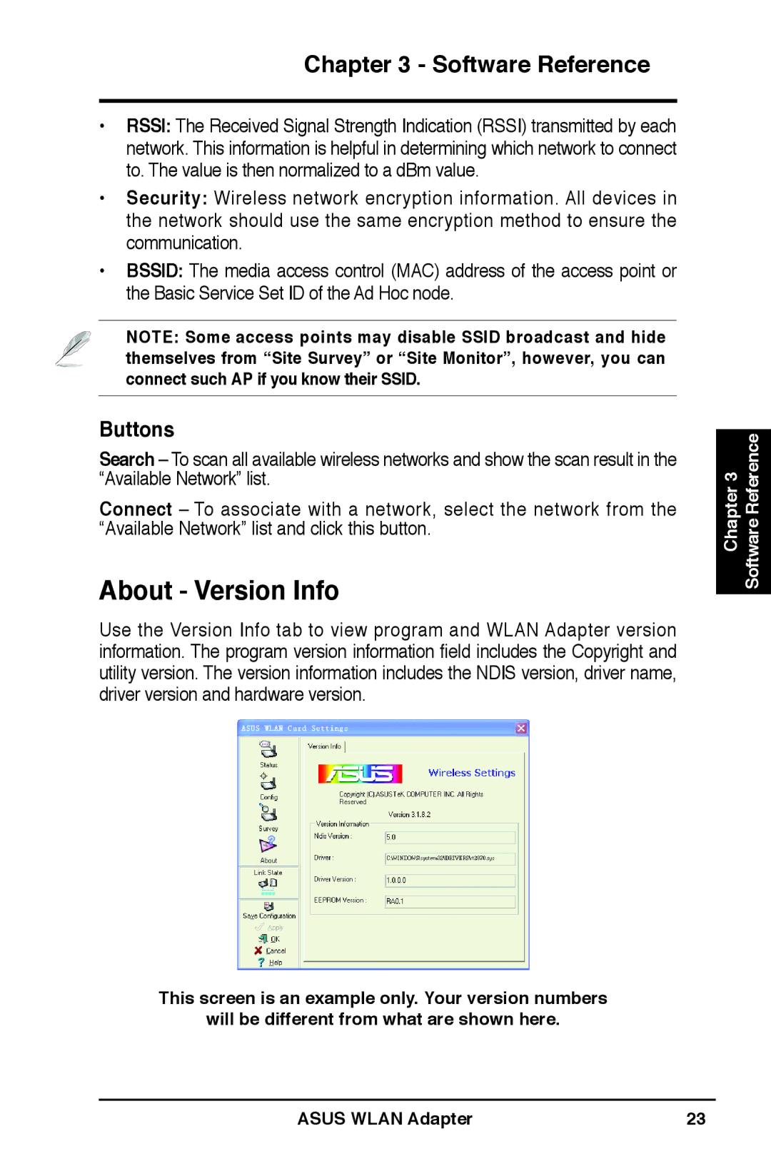 Asus WL-160N user manual About Version Info, Buttons 