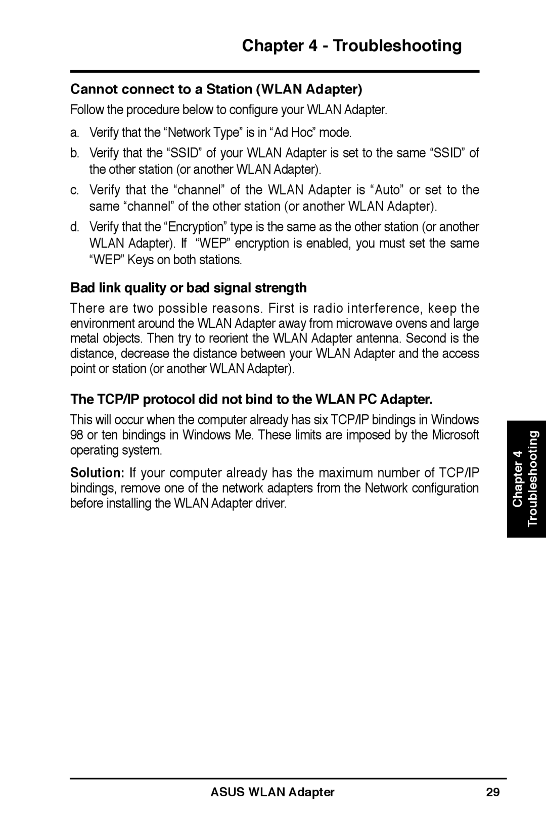 Asus WL-160N user manual Bad link quality or bad signal strength, TCP/IP protocol did not bind to the Wlan PC Adapter 