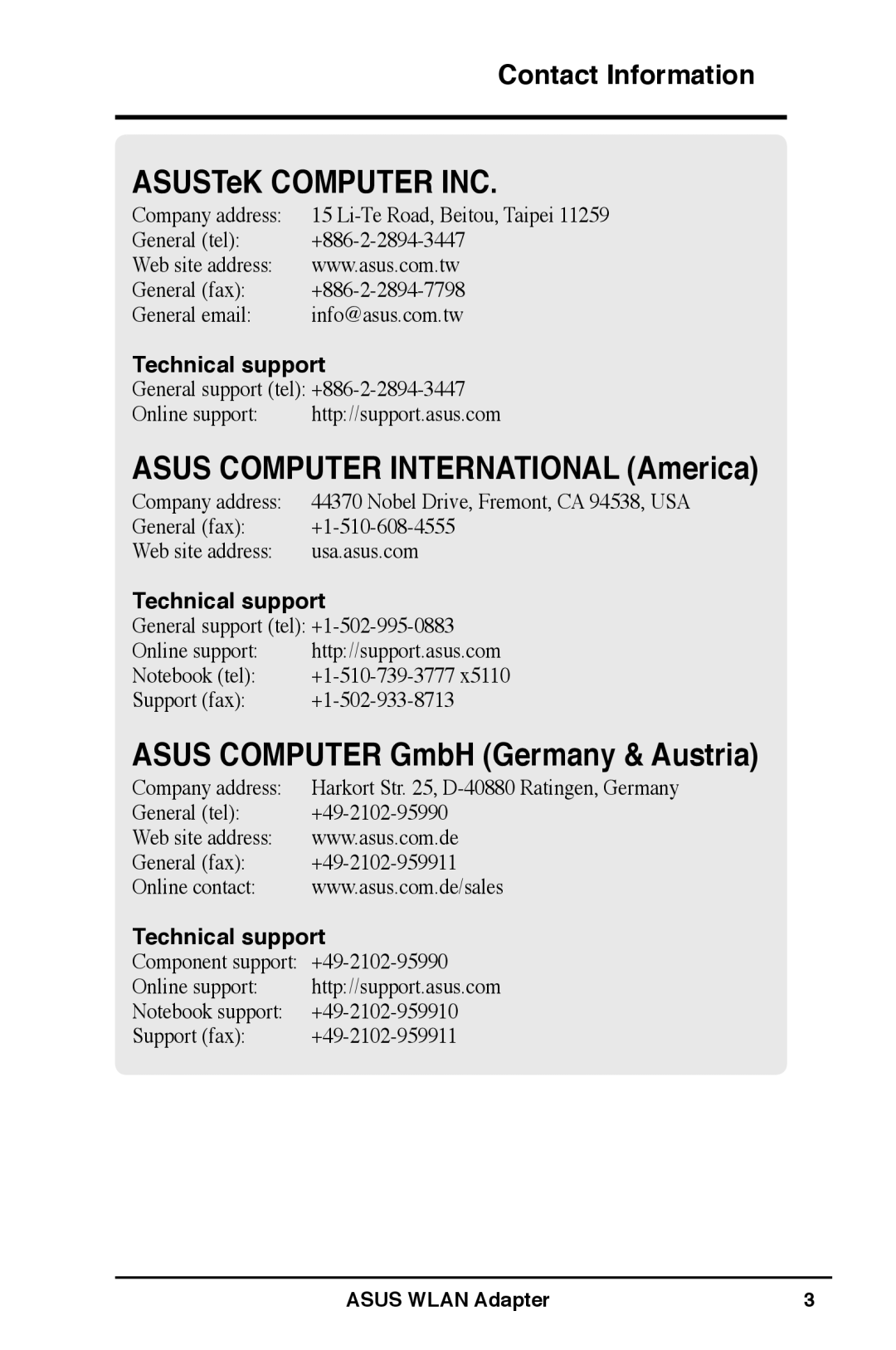 Asus WL-160N user manual ASUSTeK Computer INC, Asus Computer International America, Asus Computer GmbH Germany & Austria 