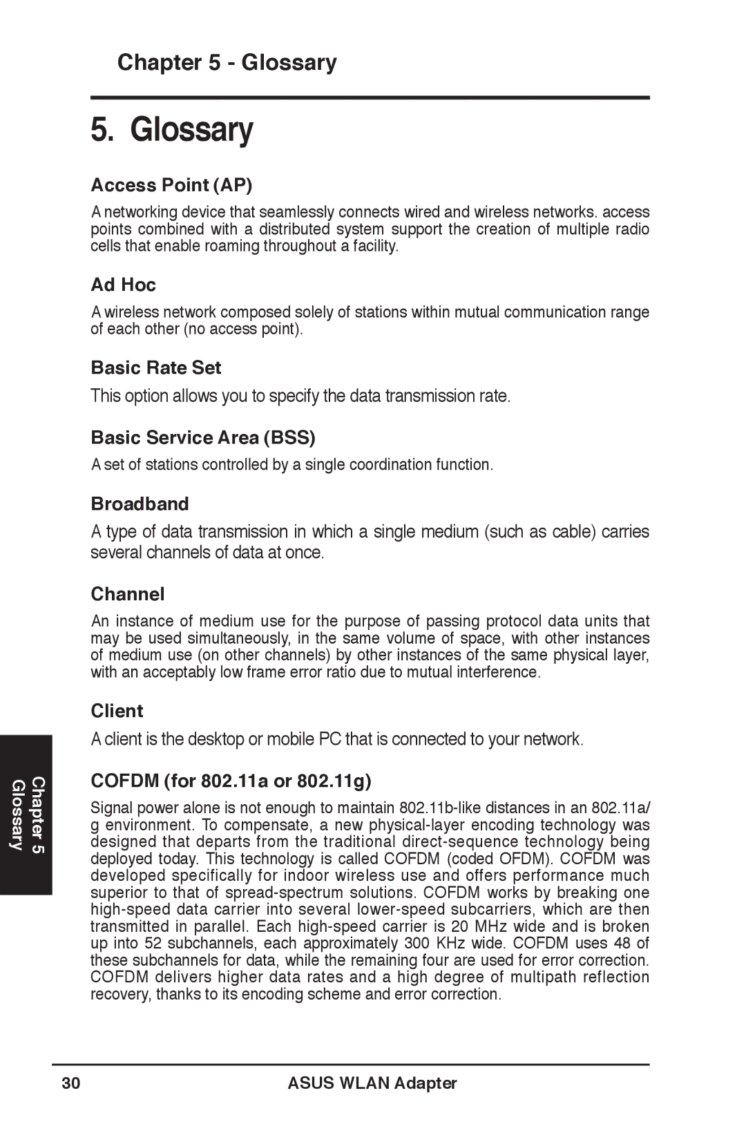 Asus WL-160N user manual Access Point AP, Ad Hoc, Basic Rate Set, Basic Service Area BSS, Broadband, Channel, Client 