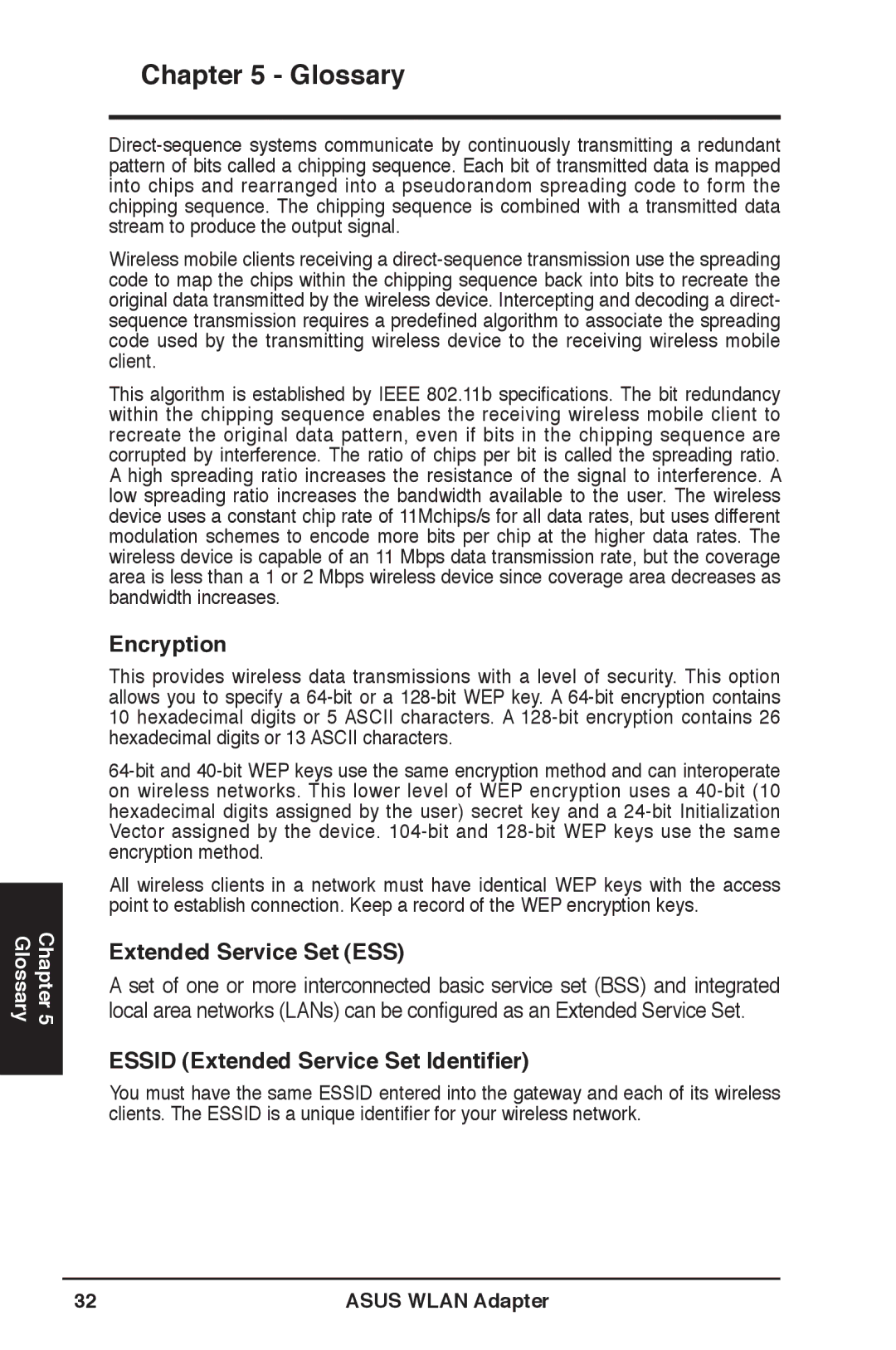 Asus WL-160N user manual Encryption, Extended Service Set ESS, Essid Extended Service Set Identifier 