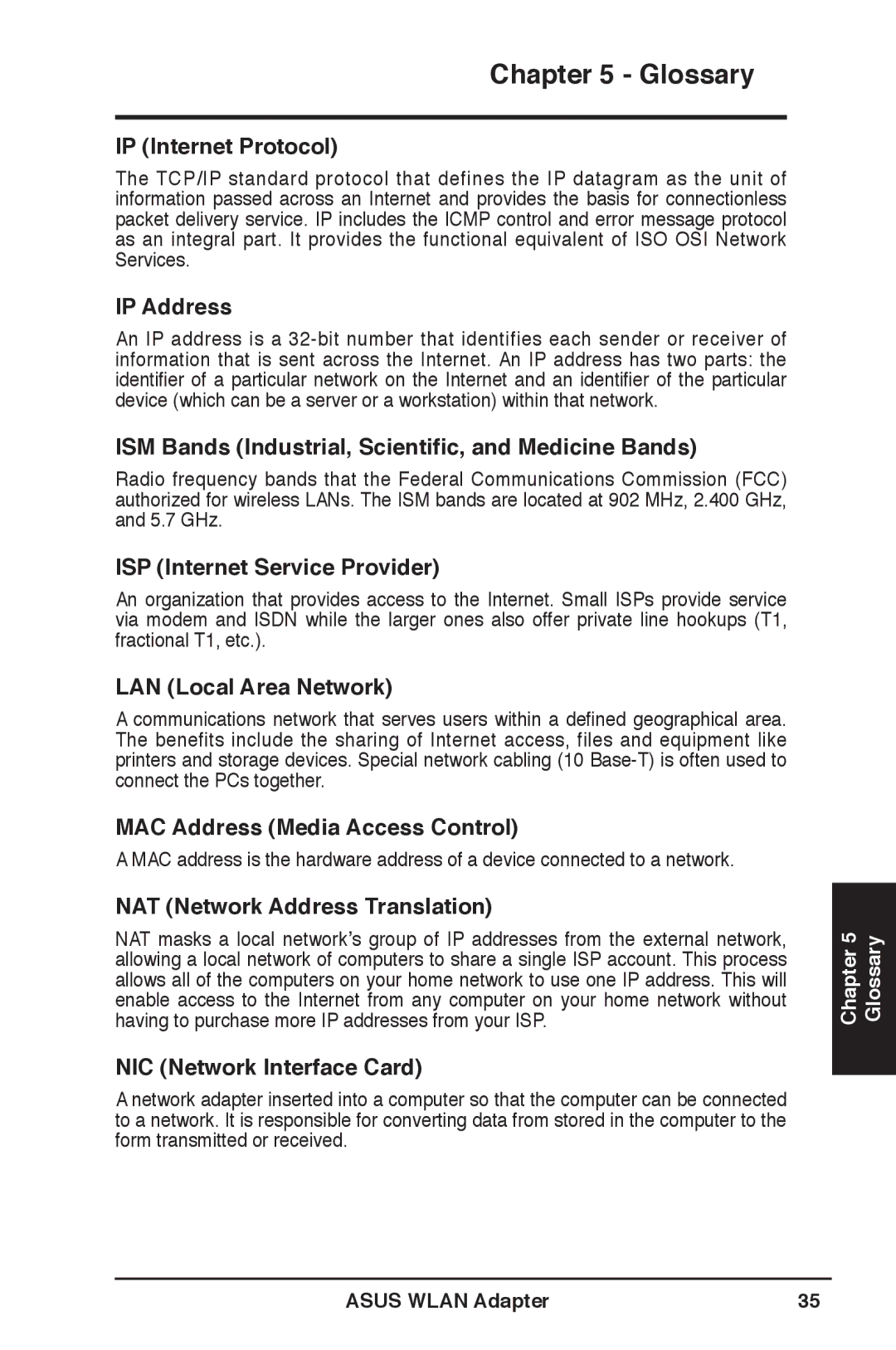 Asus WL-160N user manual IP Internet Protocol, IP Address, ISM Bands Industrial, Scientific, and Medicine Bands 