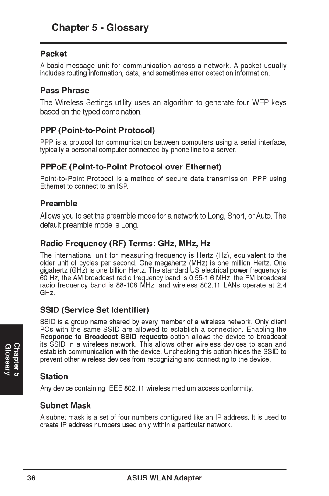 Asus WL-160N Packet, Pass Phrase, PPP Point-to-Point Protocol, PPPoE Point-to-Point Protocol over Ethernet, Preamble 