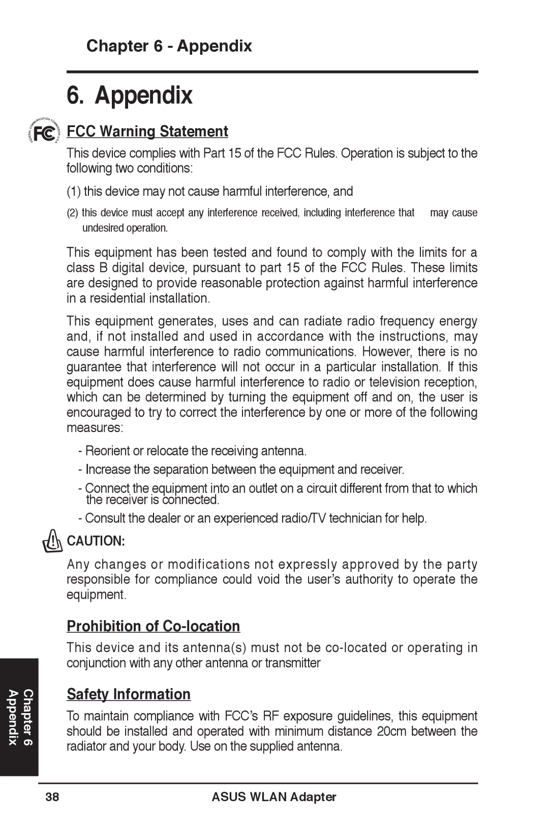 Asus WL-160N user manual FCC Warning Statement, Prohibition of Co-location, Safety Information 