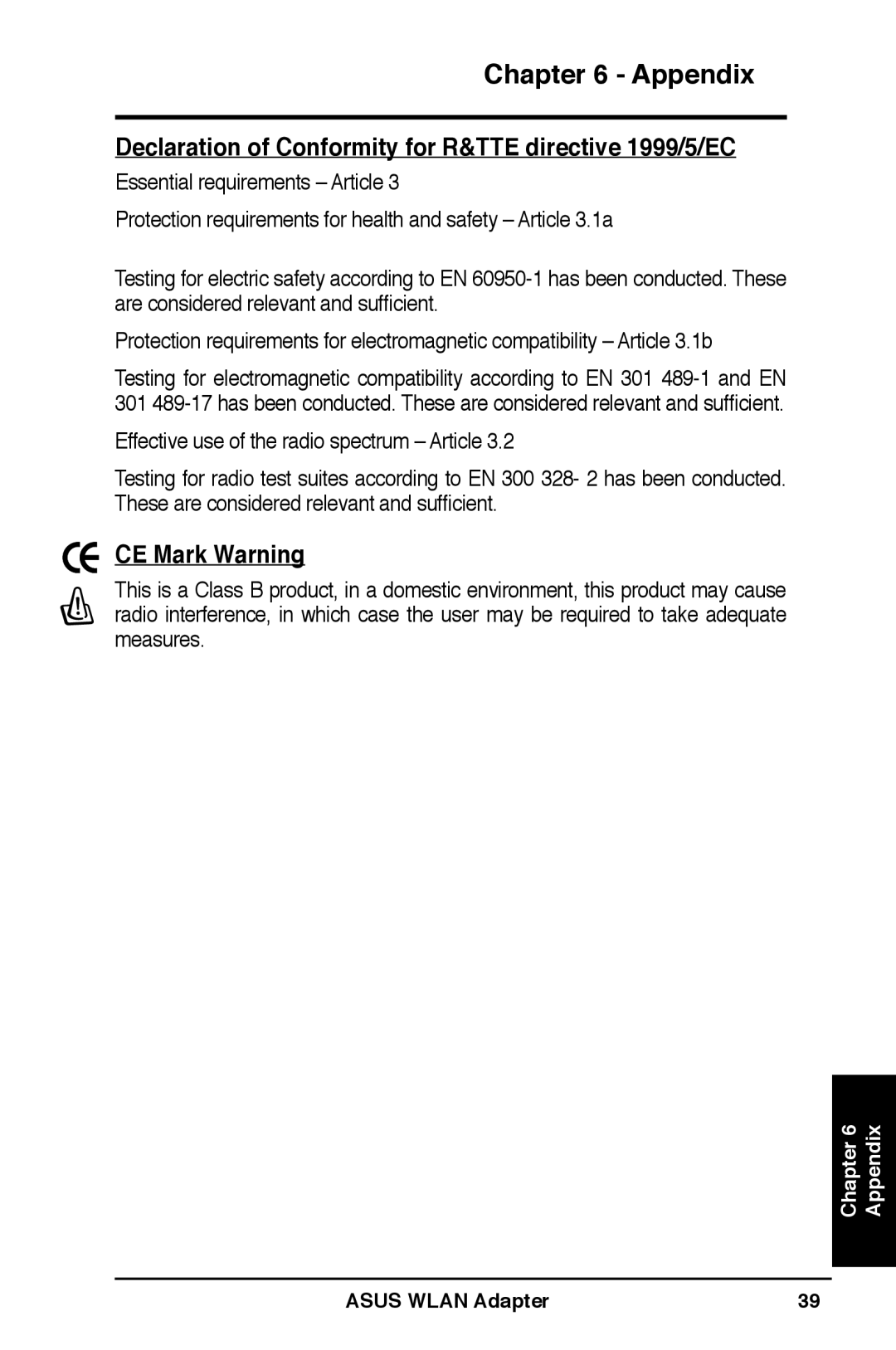 Asus WL-160N user manual Declaration of Conformity for R&TTE directive 1999/5/EC, CE Mark Warning 