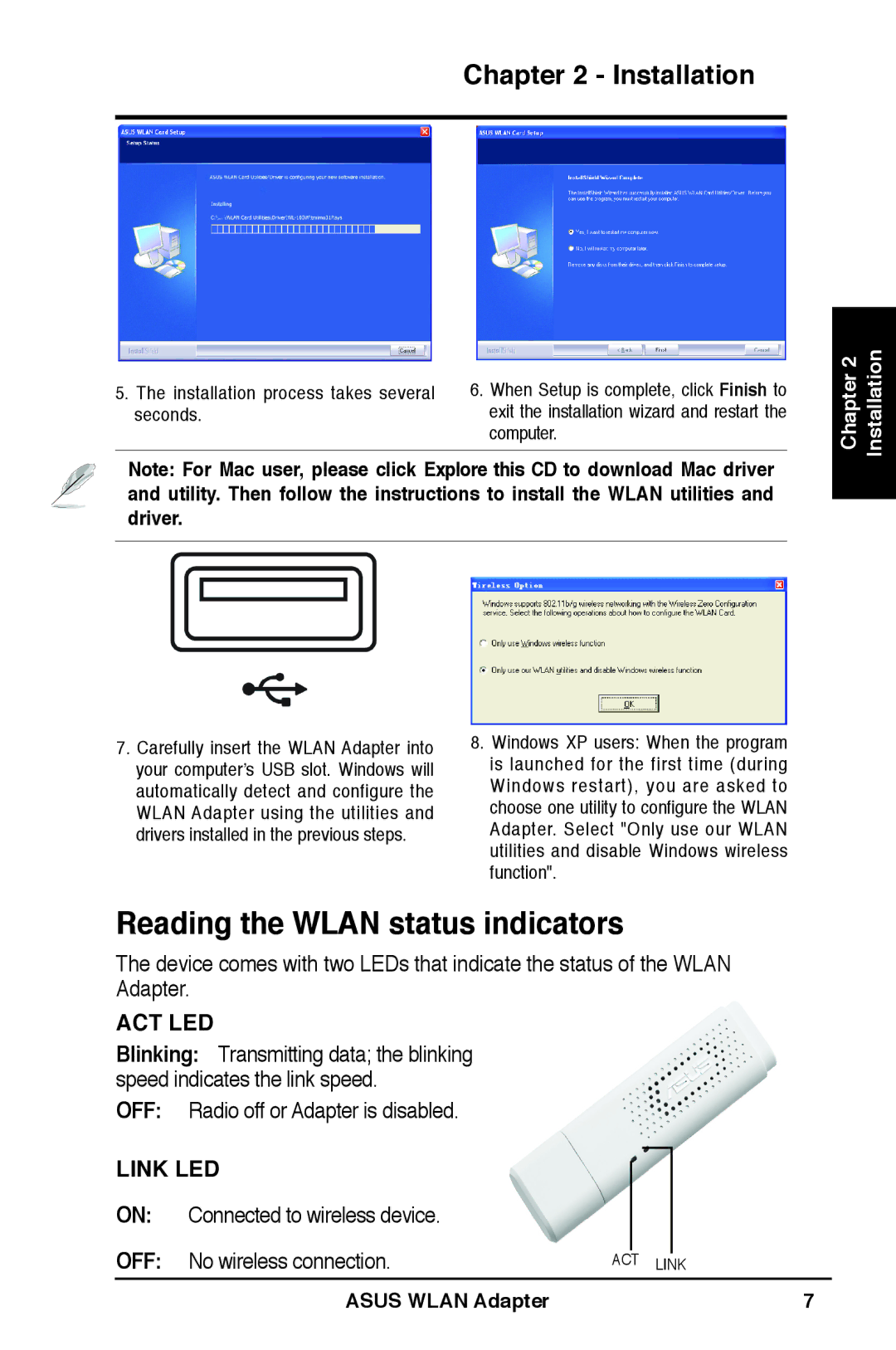 Asus WL-160N user manual Reading the Wlan status indicators, Connected to wireless device, No wireless connection 