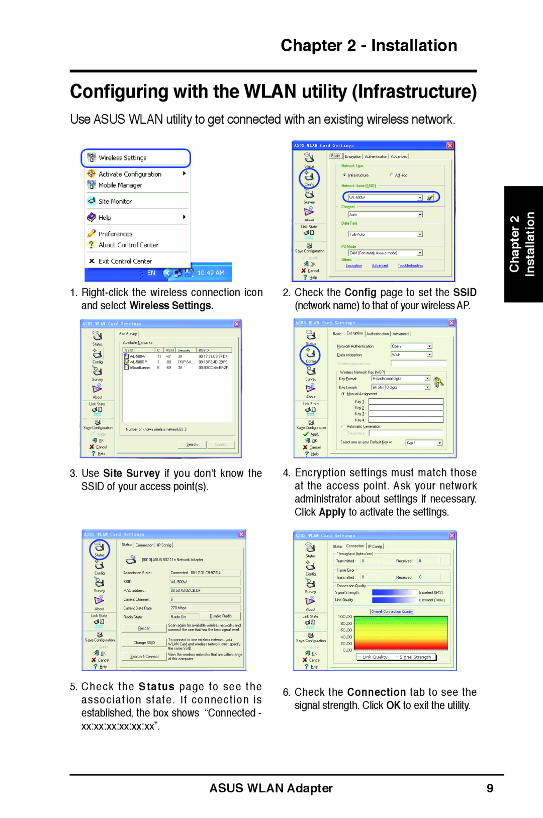 Asus WL-160N user manual Configuring with the Wlan utility Infrastructure, Installation Chapter 