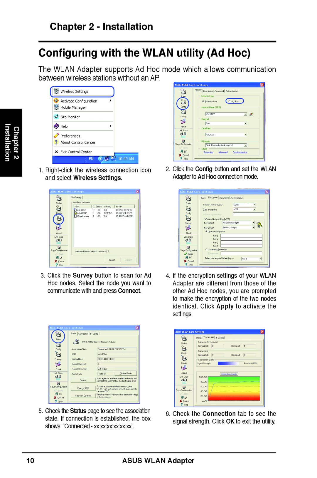 Asus WL-160W user manual Configuring with the Wlan utility Ad Hoc 