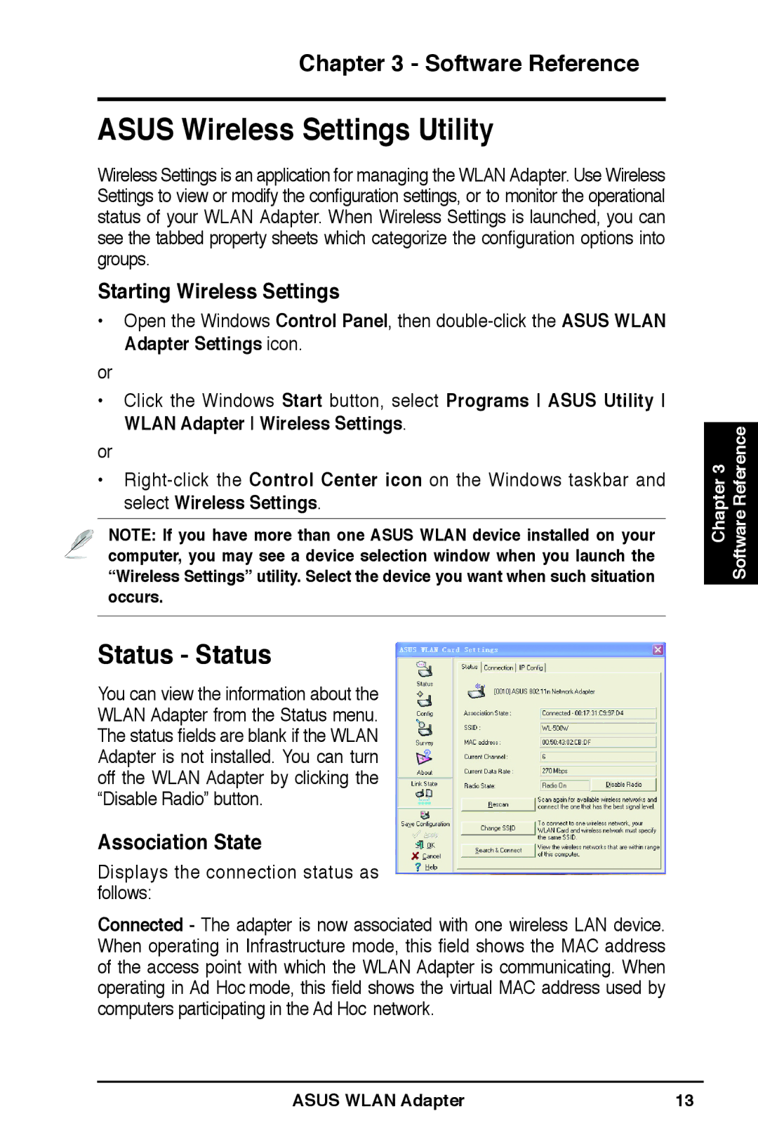 Asus WL-160W user manual Status Status, Starting Wireless Settings, Association State 