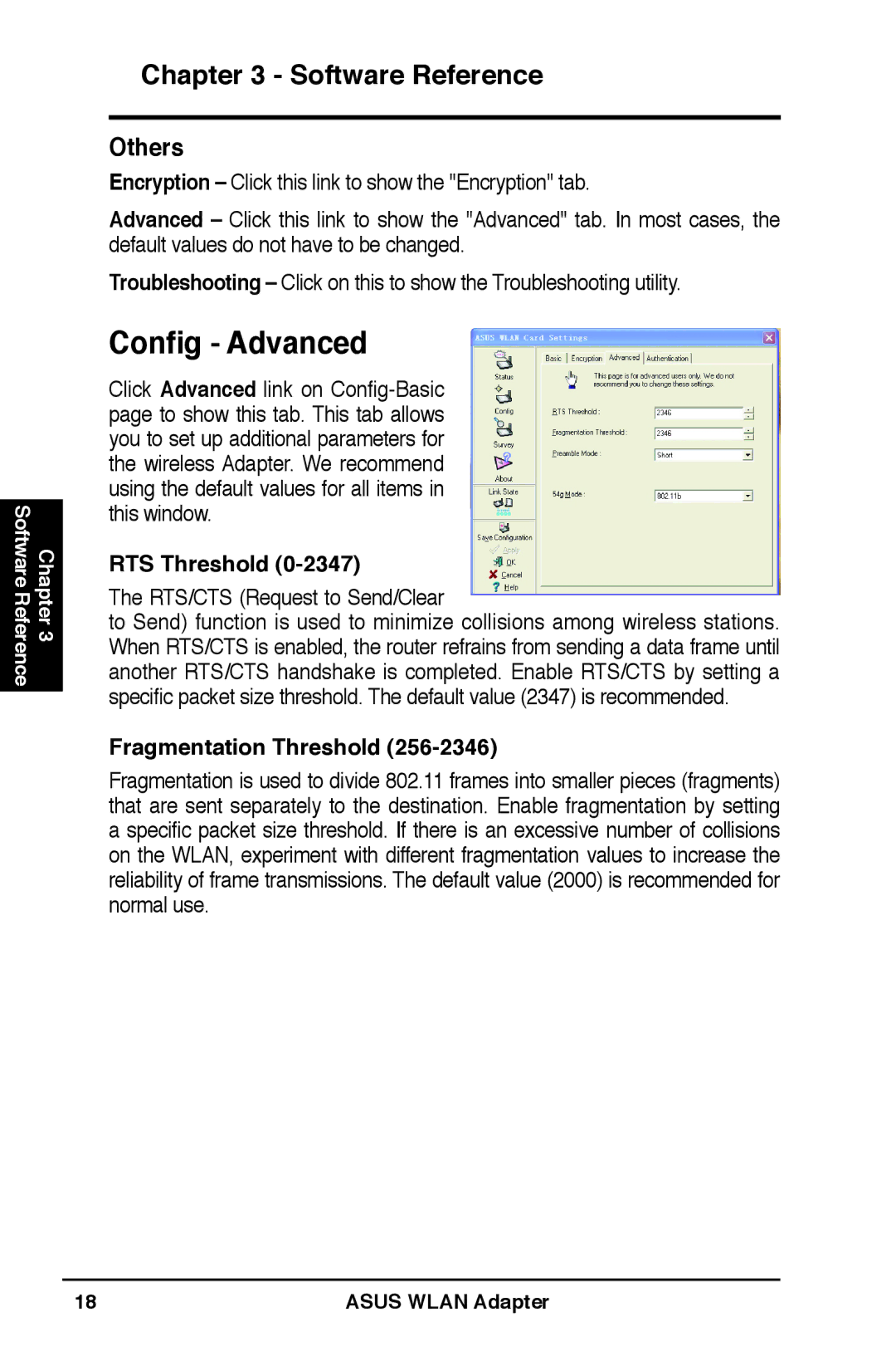 Asus WL-160W user manual Config Advanced, Others, RTS Threshold, Fragmentation Threshold 