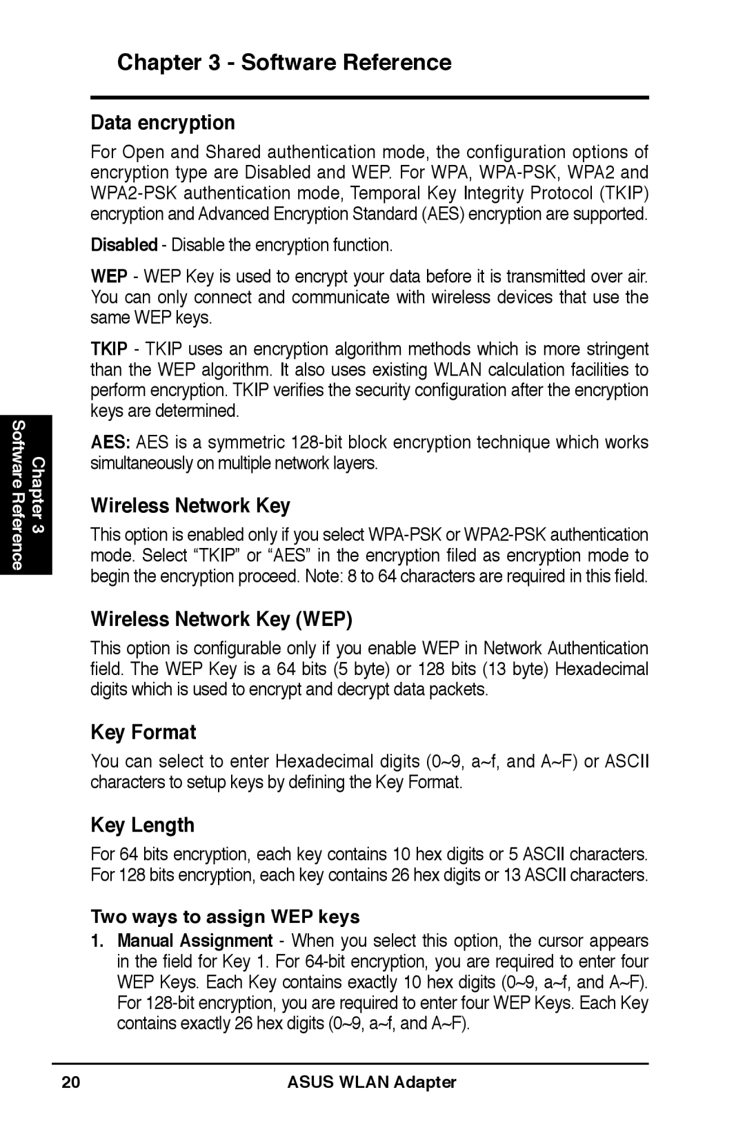 Asus WL-160W user manual Data encryption, Wireless Network Key WEP, Key Format, Key Length 