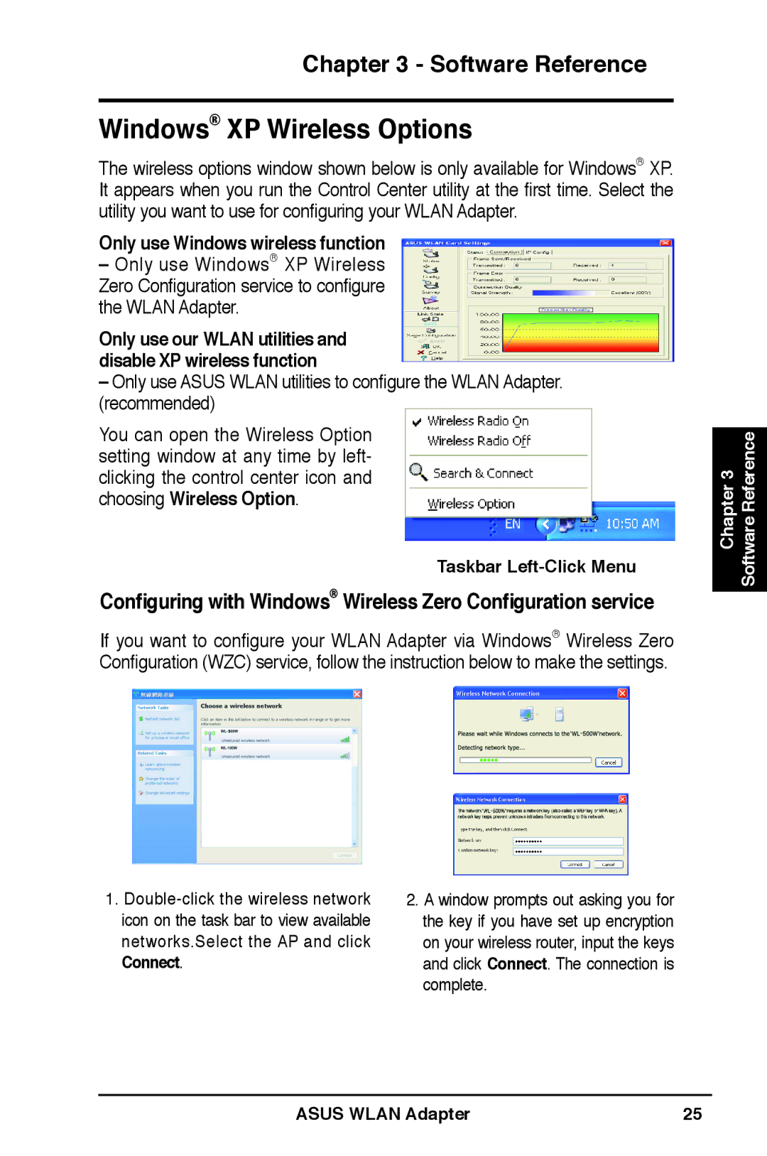 Asus WL-160W user manual Windows XP Wireless Options, Only use Windows wireless function 