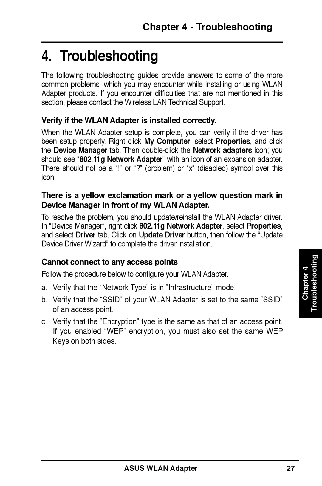 Asus WL-160W user manual Verify if the Wlan Adapter is installed correctly, Cannot connect to any access points 