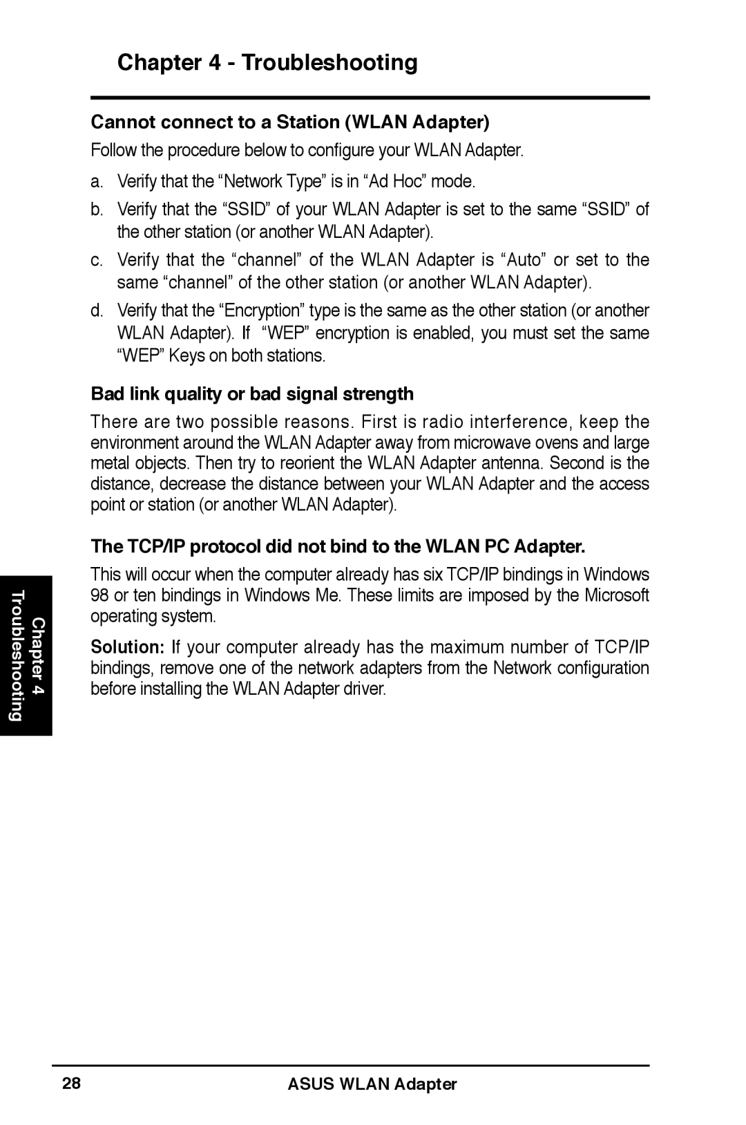 Asus WL-160W user manual Bad link quality or bad signal strength, TCP/IP protocol did not bind to the Wlan PC Adapter 