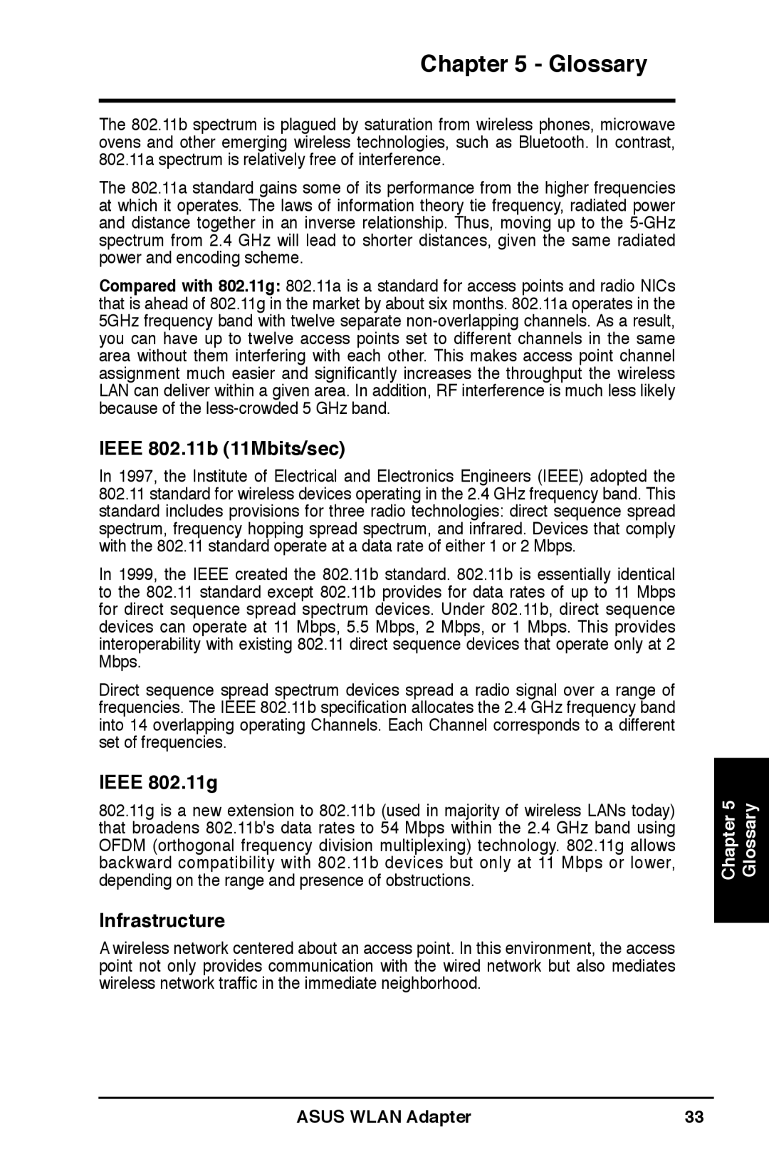 Asus WL-160W user manual Ieee 802.11b 11Mbits/sec, Ieee 802.11g, Infrastructure 