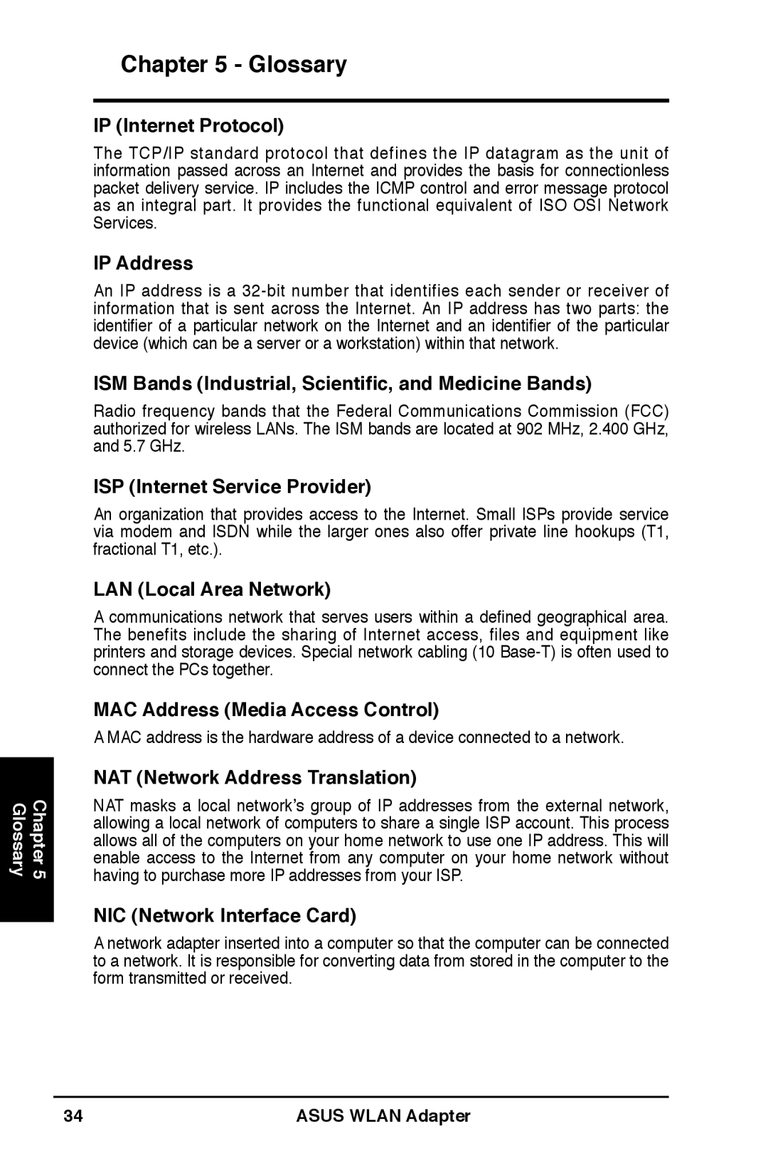 Asus WL-160W user manual IP Internet Protocol, IP Address, ISM Bands Industrial, Scientific, and Medicine Bands 