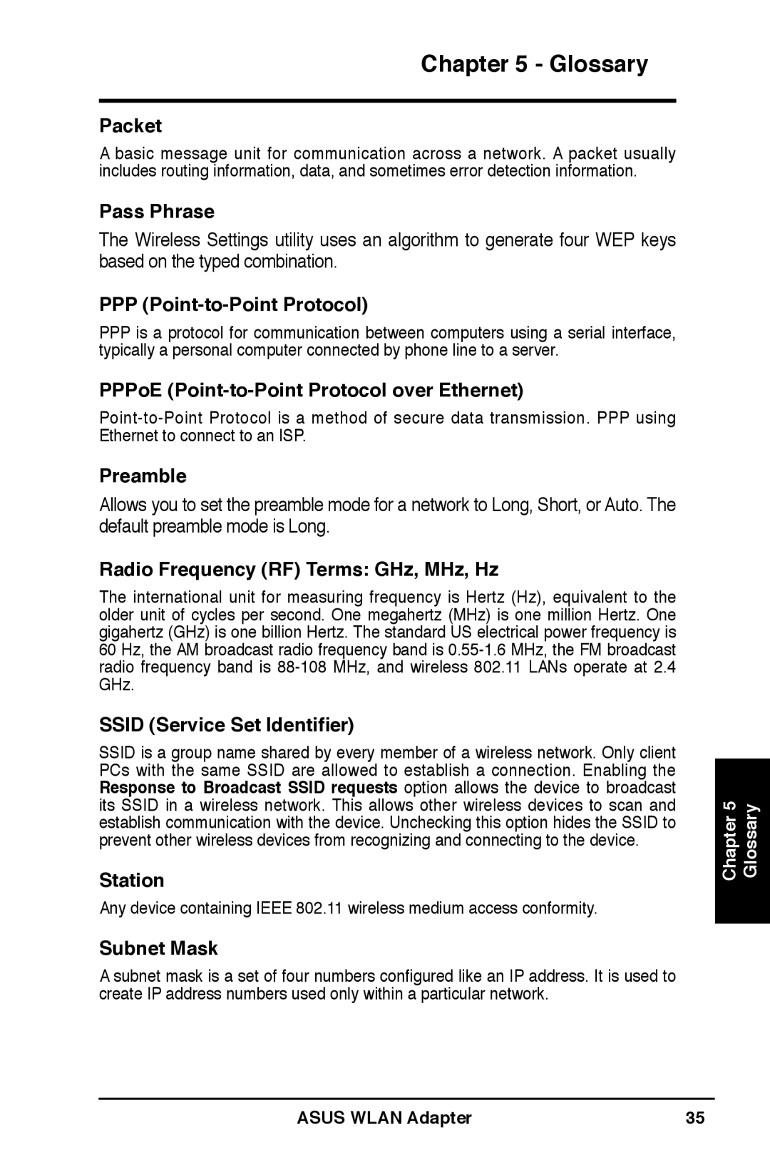 Asus WL-160W Packet, Pass Phrase, PPP Point-to-Point Protocol, PPPoE Point-to-Point Protocol over Ethernet, Preamble 