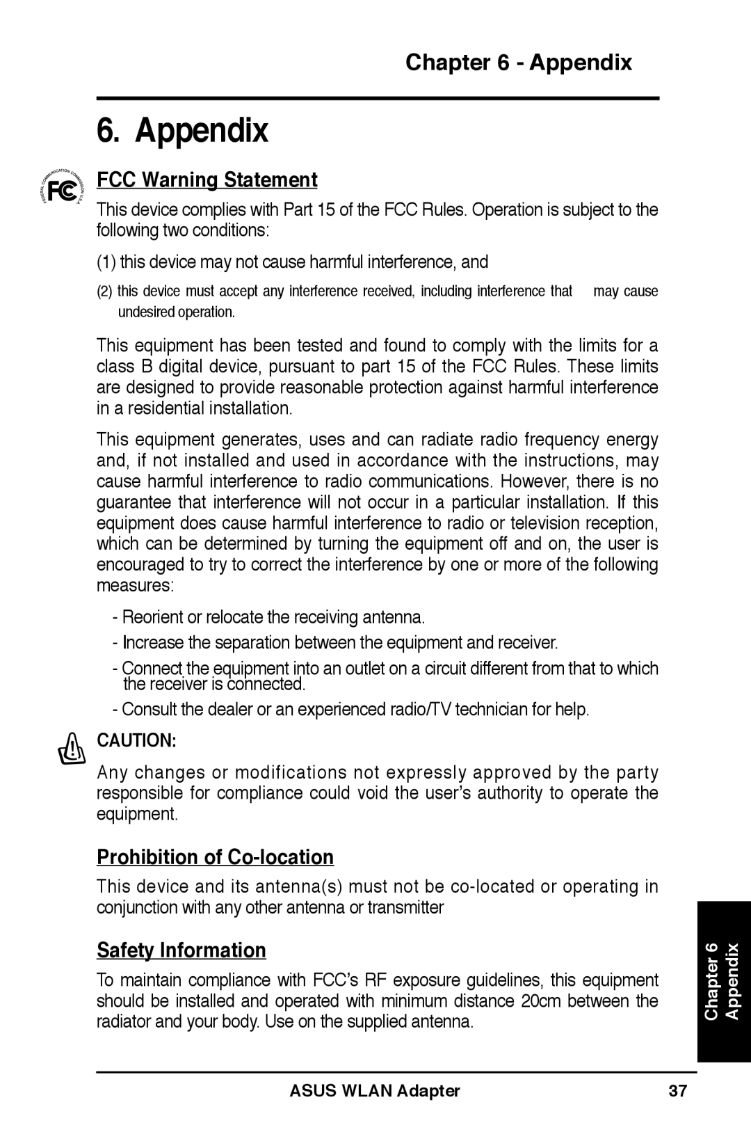 Asus WL-160W user manual FCC Warning Statement, Prohibition of Co-location, Safety Information 