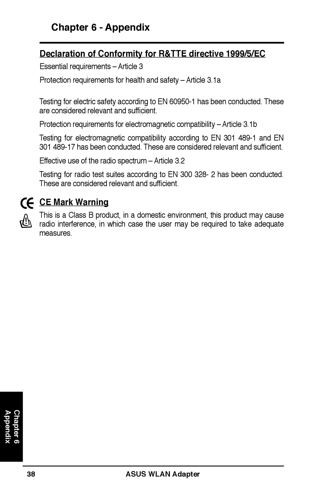 Asus WL-160W user manual Declaration of Conformity for R&TTE directive 1999/5/EC, CE Mark Warning 