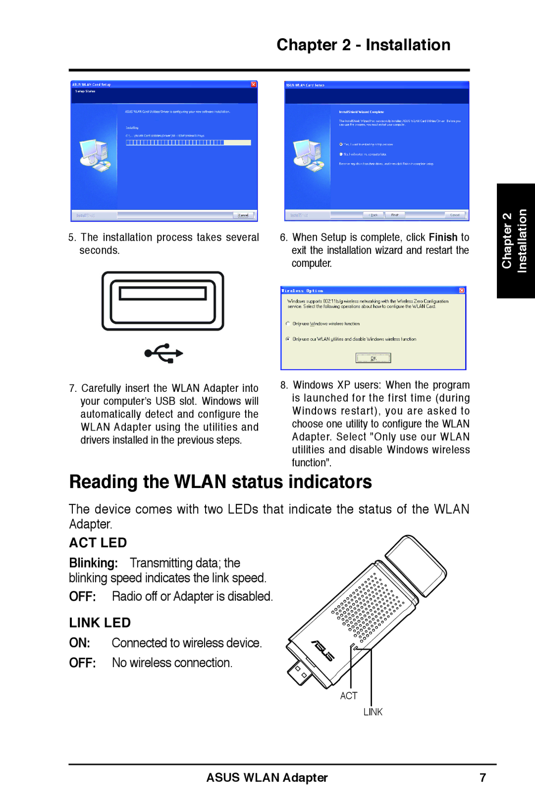 Asus WL-160W user manual Reading the Wlan status indicators, Act Led 