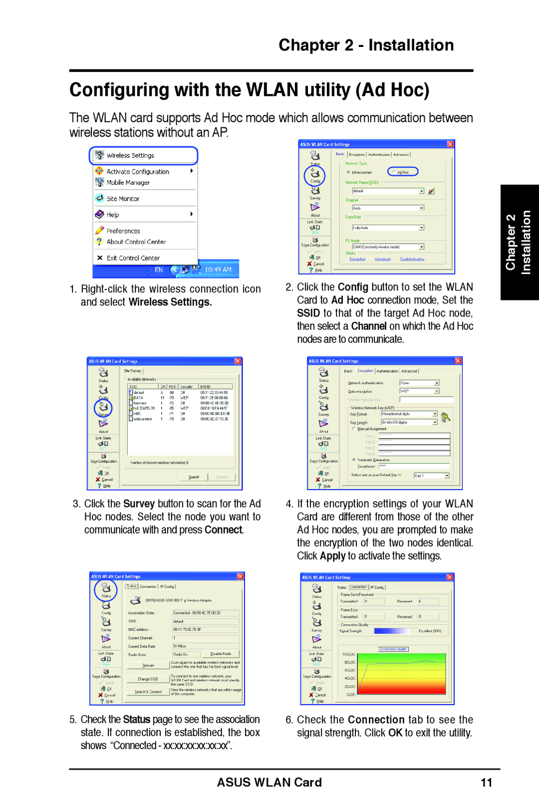 Asus WL-169gE user manual Conﬁguring with the Wlan utility Ad Hoc 