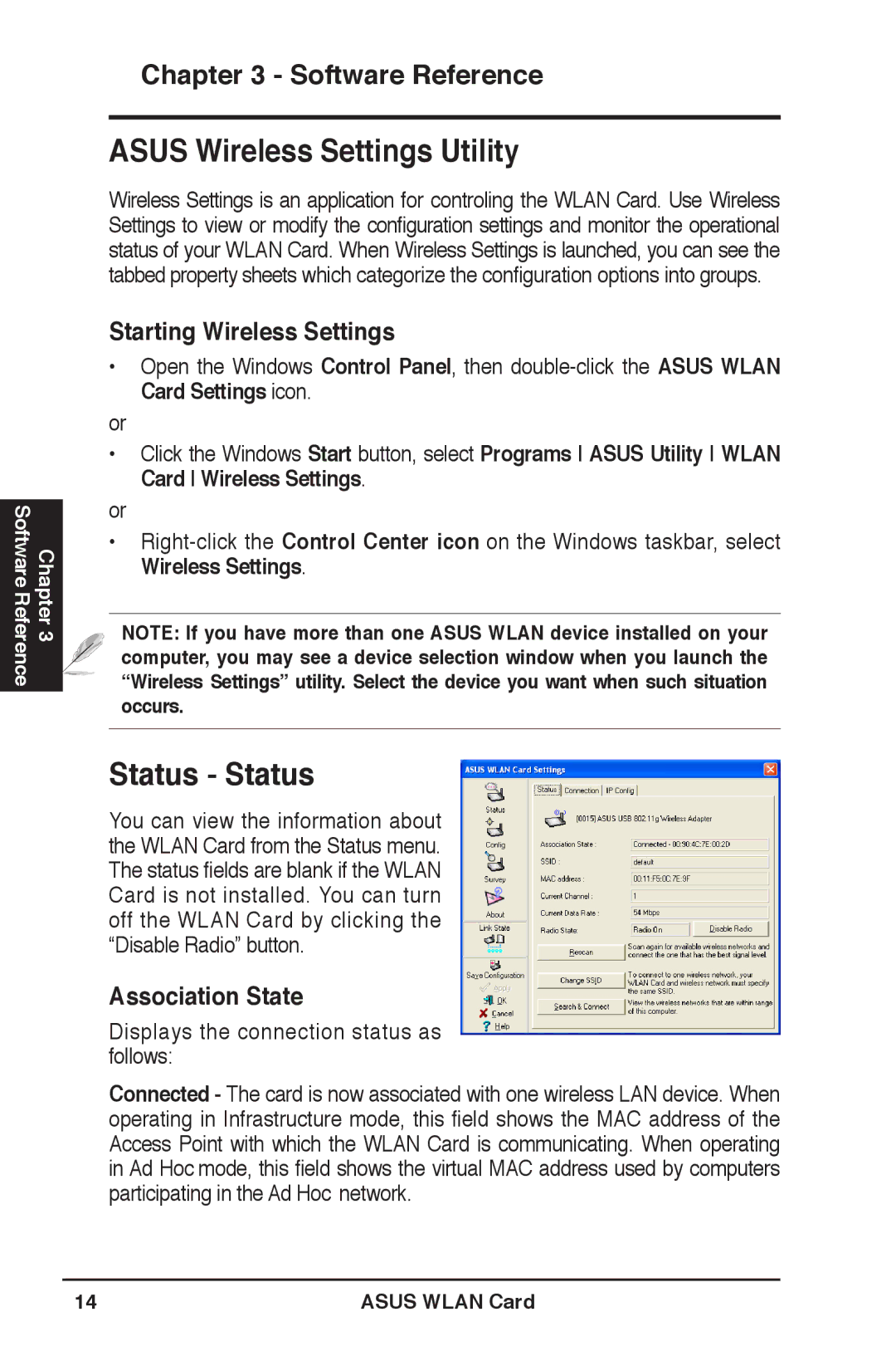 Asus WL-169gE user manual Asus Wireless Settings Utility, Status Status, Starting Wireless Settings, Association State 