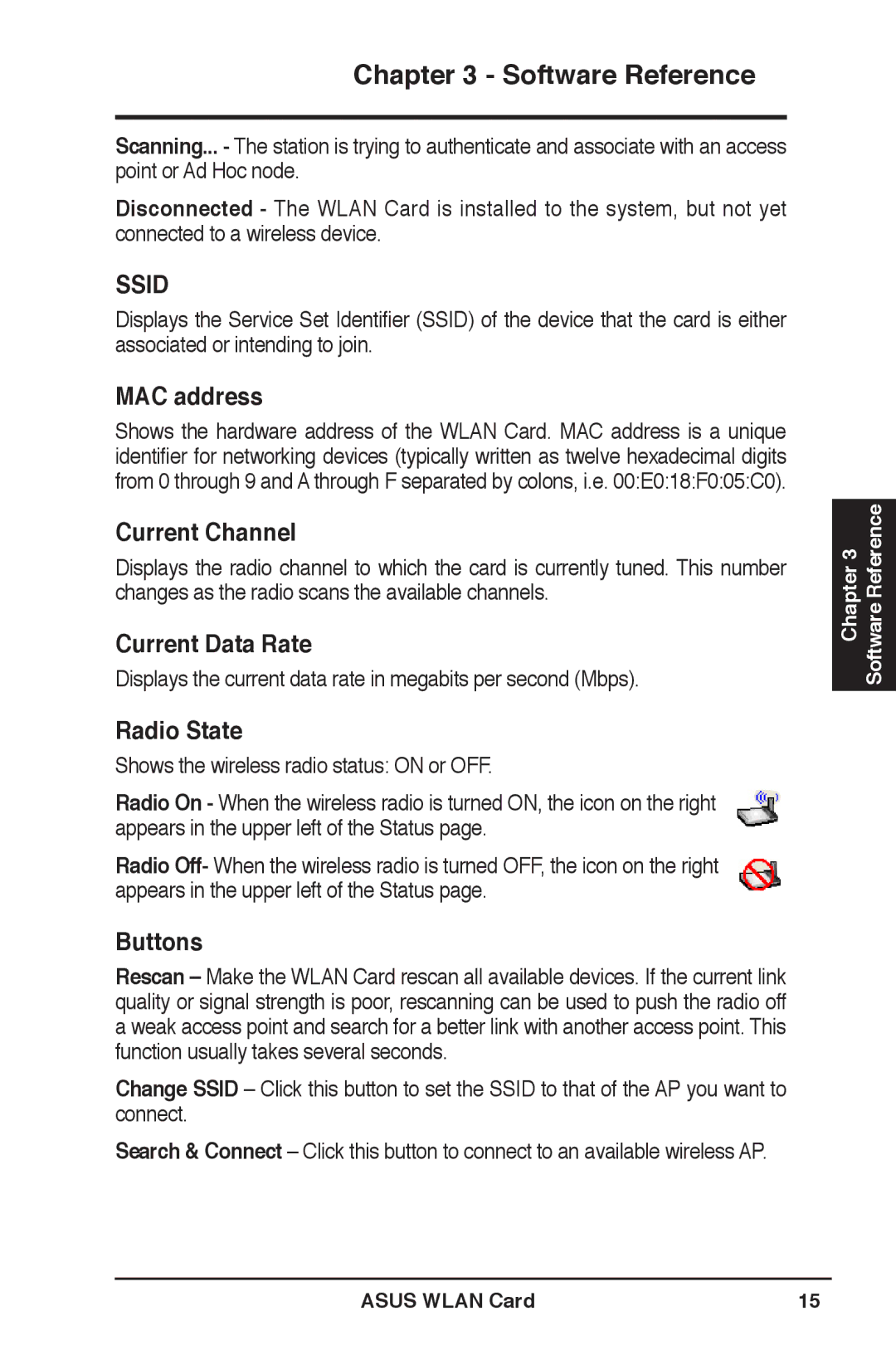 Asus WL-169gE user manual MAC address, Current Channel, Current Data Rate, Radio State, Buttons 