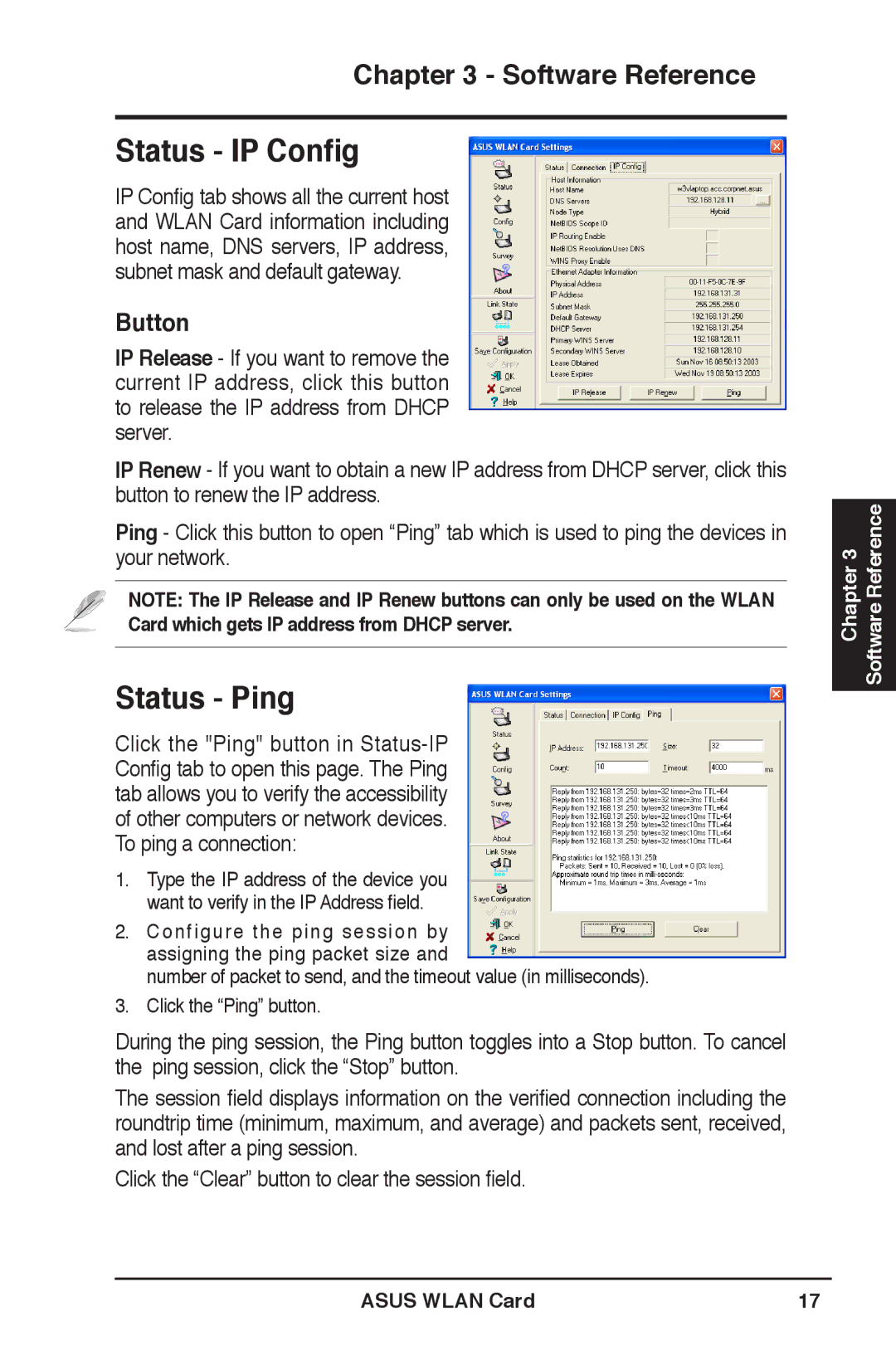 Asus WL-169gE user manual Status IP Conﬁg, Status Ping, Button 