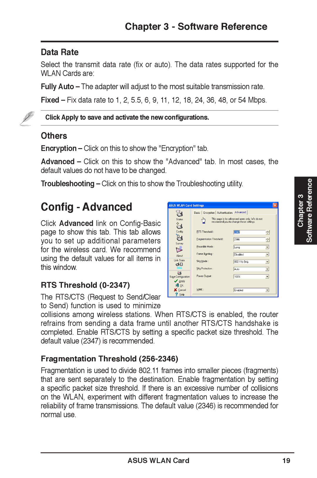 Asus WL-169gE user manual Conﬁg Advanced, Data Rate, Others, RTS Threshold, Fragmentation Threshold 