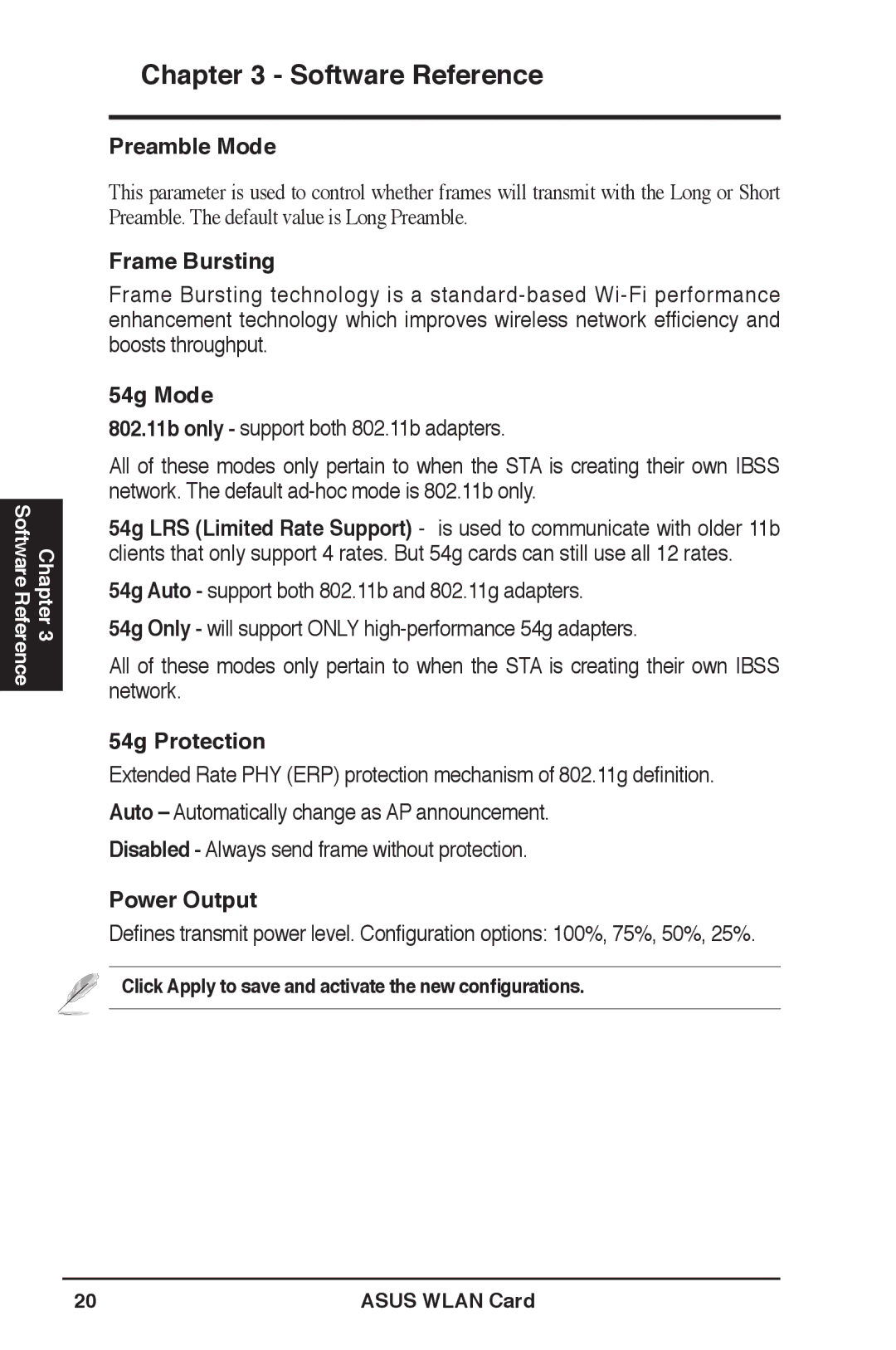 Asus WL-169gE user manual Preamble Mode, Frame Bursting, 54g Mode, 54g Protection, Power Output 