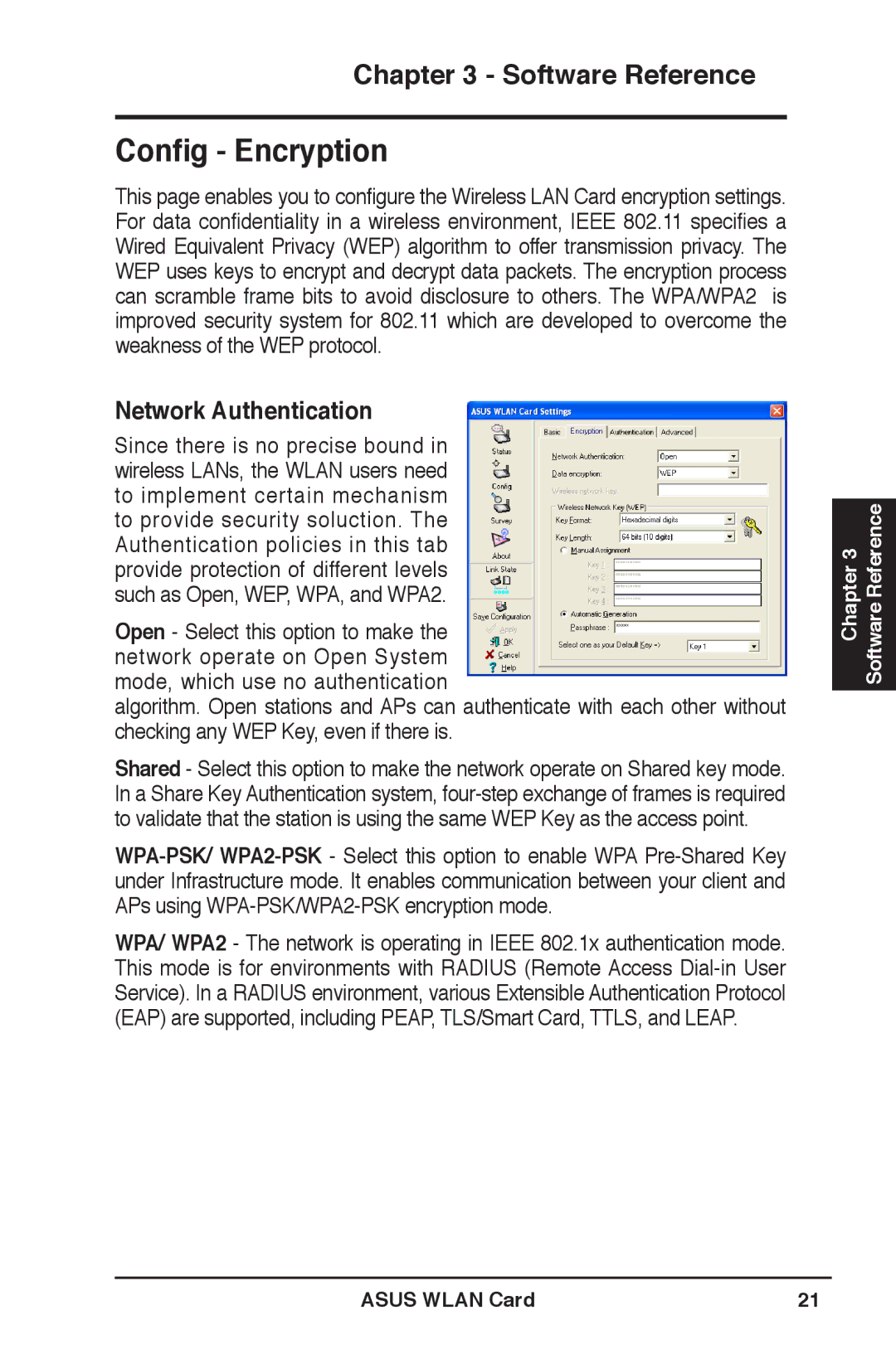 Asus WL-169gE user manual Conﬁg Encryption, Network Authentication 