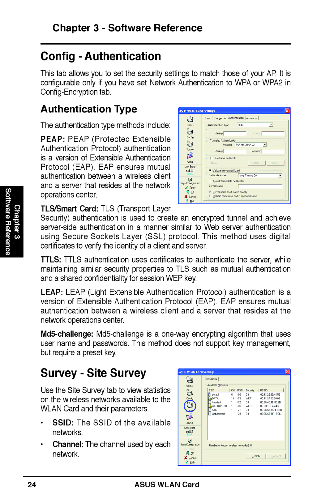 Asus WL-169gE user manual Conﬁg Authentication, Survey Site Survey 