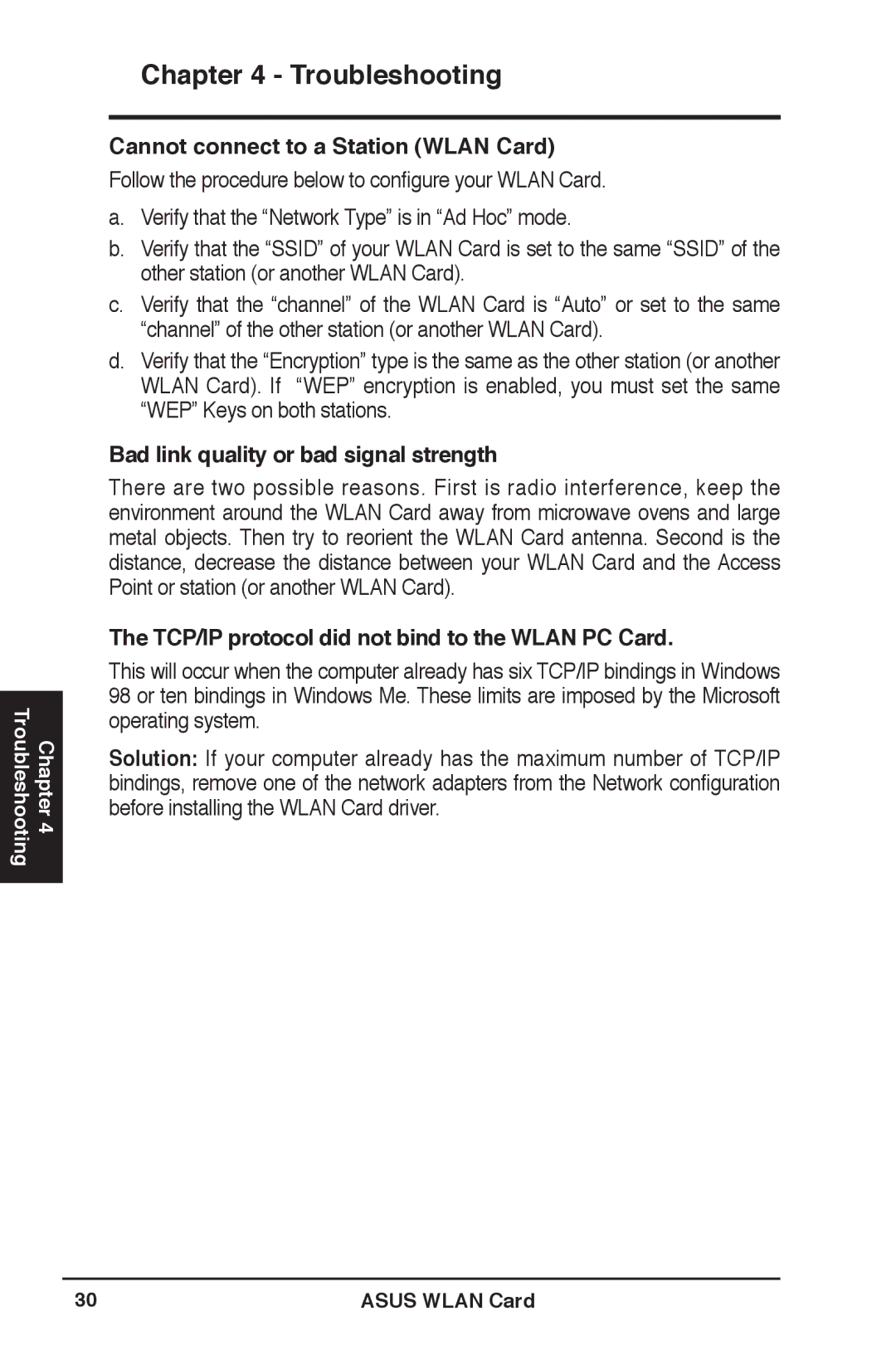 Asus WL-169gE user manual Cannot connect to a Station Wlan Card, Bad link quality or bad signal strength 