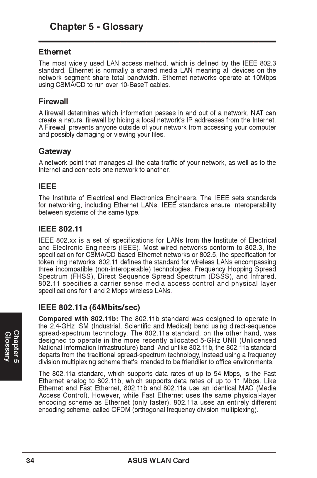 Asus WL-169gE user manual Ethernet, Firewall, Gateway, Ieee 802.11a 54Mbits/sec 