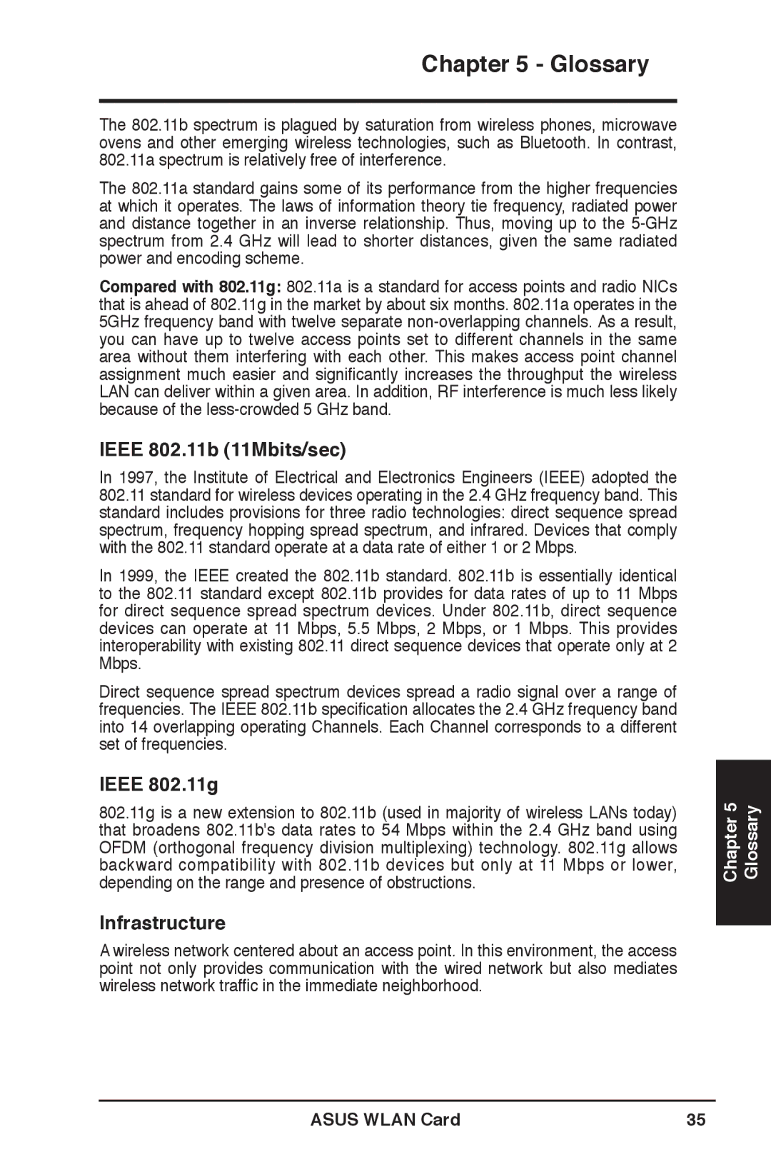 Asus WL-169gE user manual Ieee 802.11b 11Mbits/sec, Ieee 802.11g, Infrastructure 