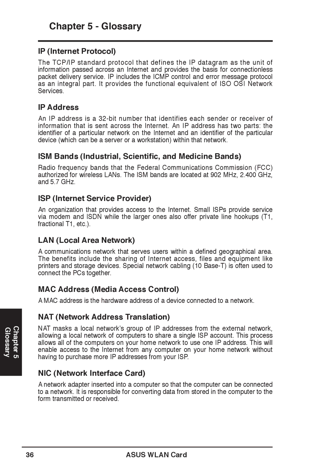 Asus WL-169gE user manual IP Internet Protocol, IP Address, ISM Bands Industrial, Scientiﬁc, and Medicine Bands 