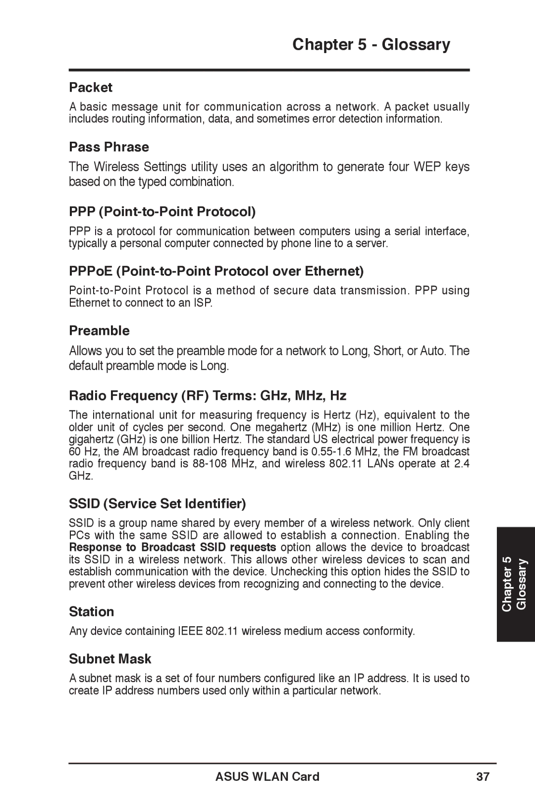 Asus WL-169gE Packet, Pass Phrase, PPP Point-to-Point Protocol, PPPoE Point-to-Point Protocol over Ethernet, Preamble 