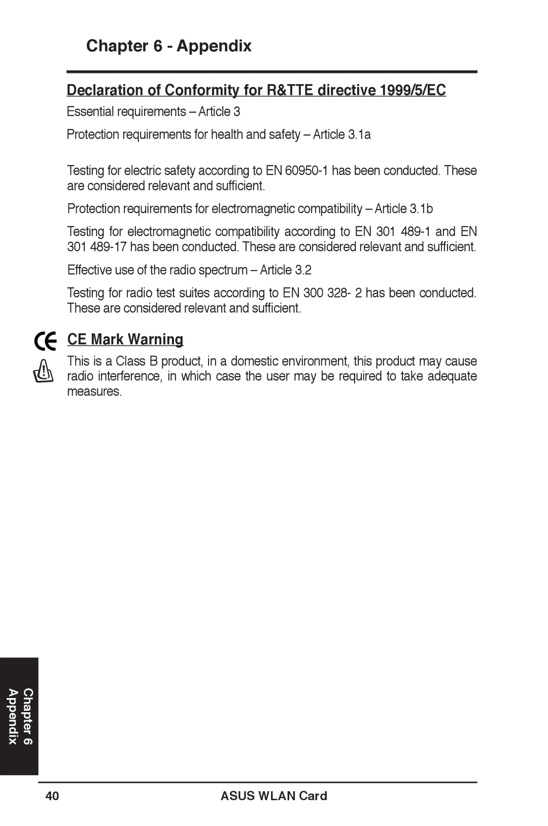 Asus WL-169gE user manual Declaration of Conformity for R&TTE directive 1999/5/EC, CE Mark Warning 