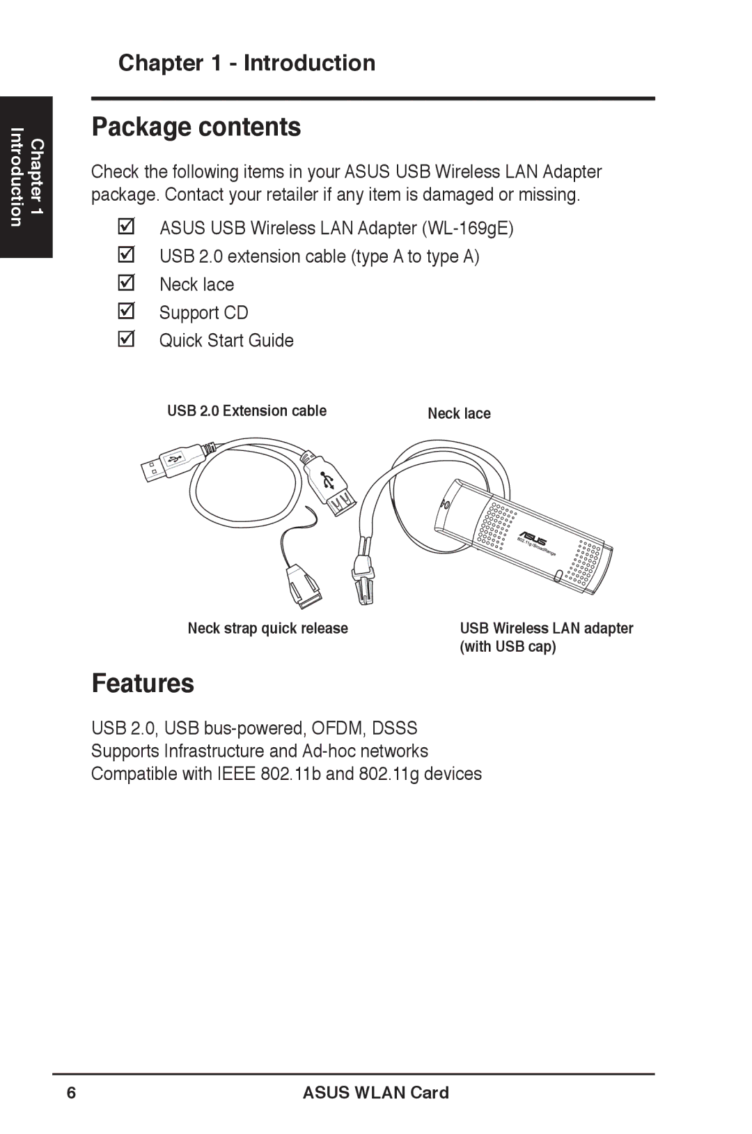 Asus WL-169gE user manual Package contents, Features 