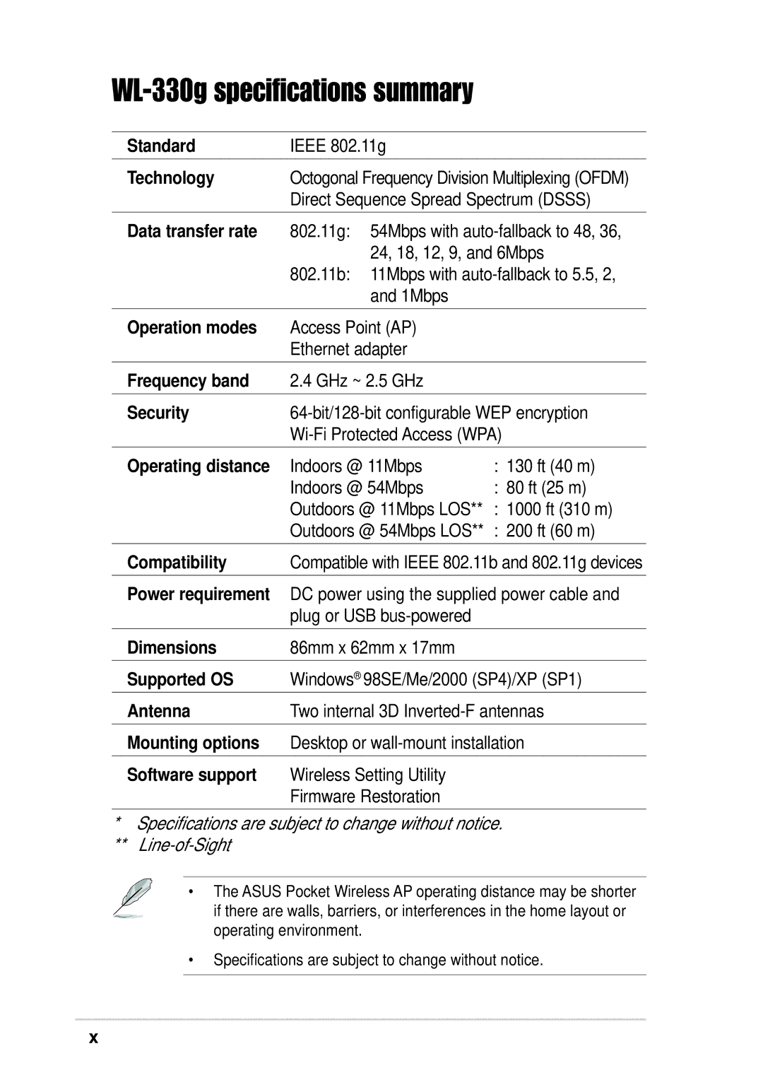 Asus WL-330G manual WL-330g specifications summary 