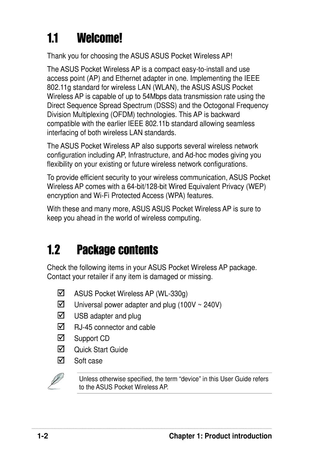 Asus WL-330G manual Welcome, Package contents 