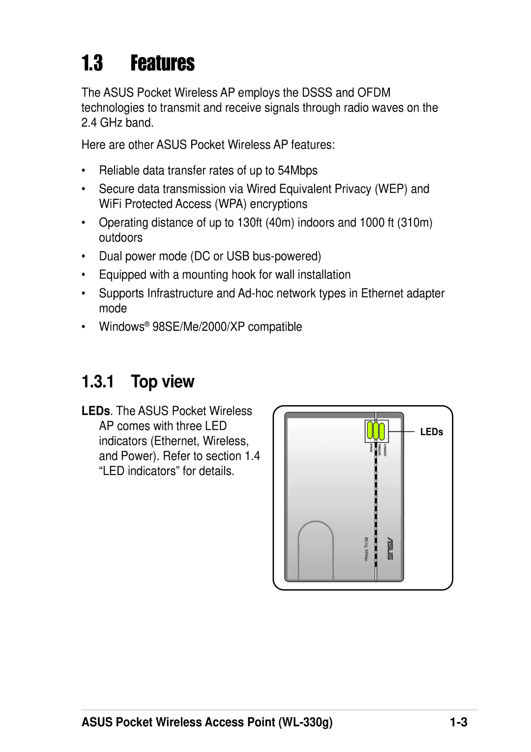 Asus WL-330G manual Features, Top view 