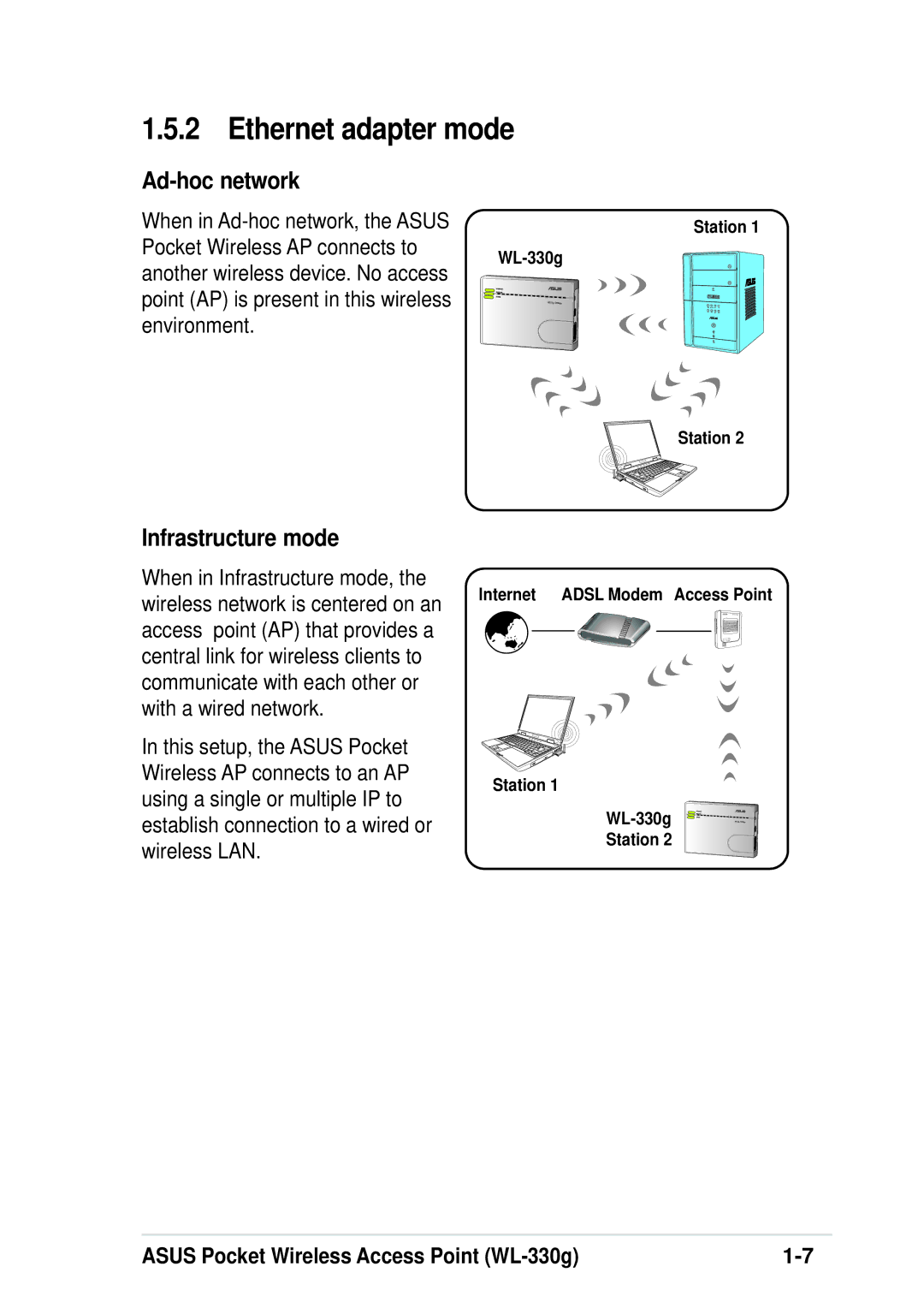 Asus WL-330G manual Ethernet adapter mode, Ad-hoc network 