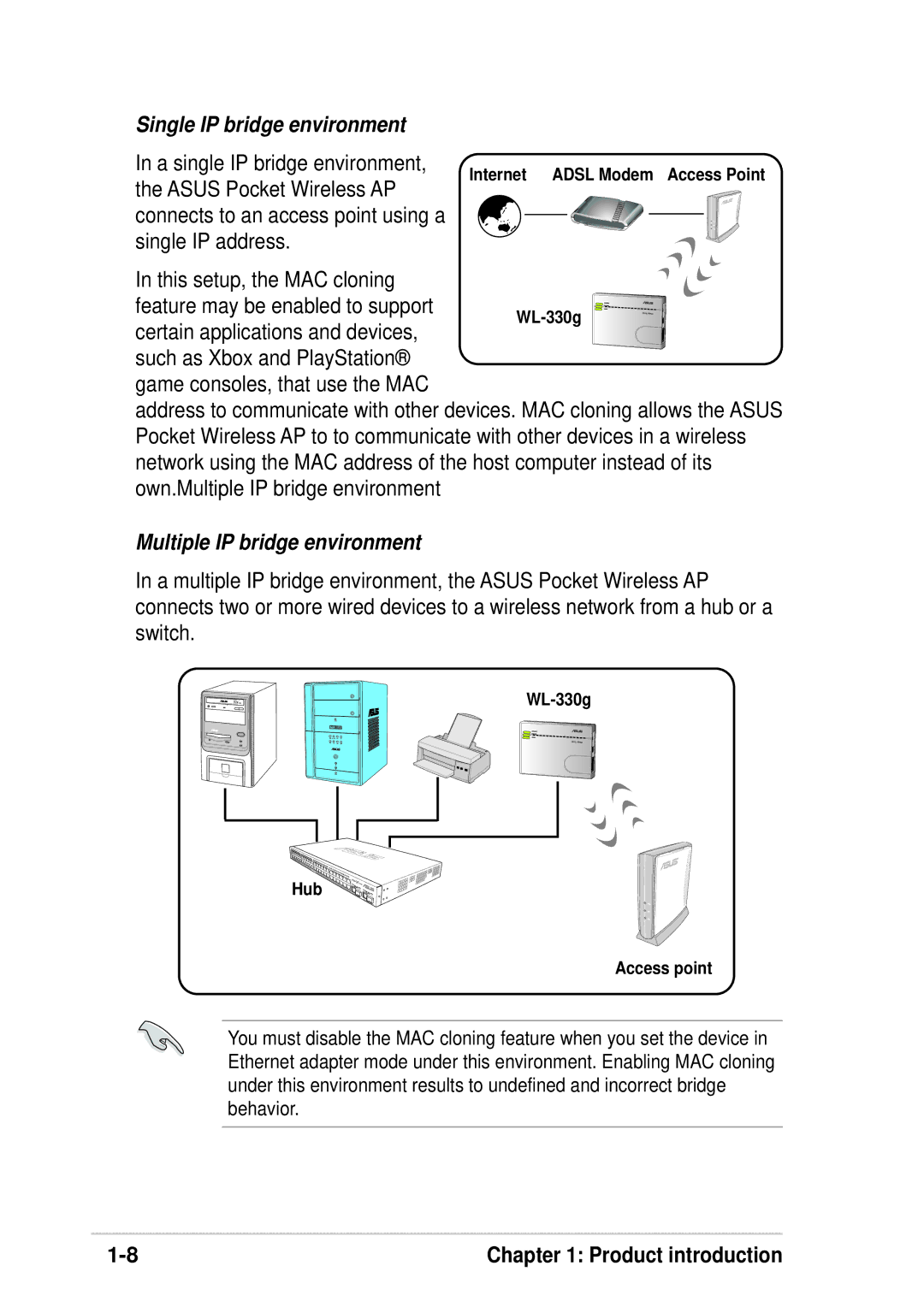 Asus WL-330G manual A single IP bridge environment, Asus Pocket Wireless AP, Single IP address 