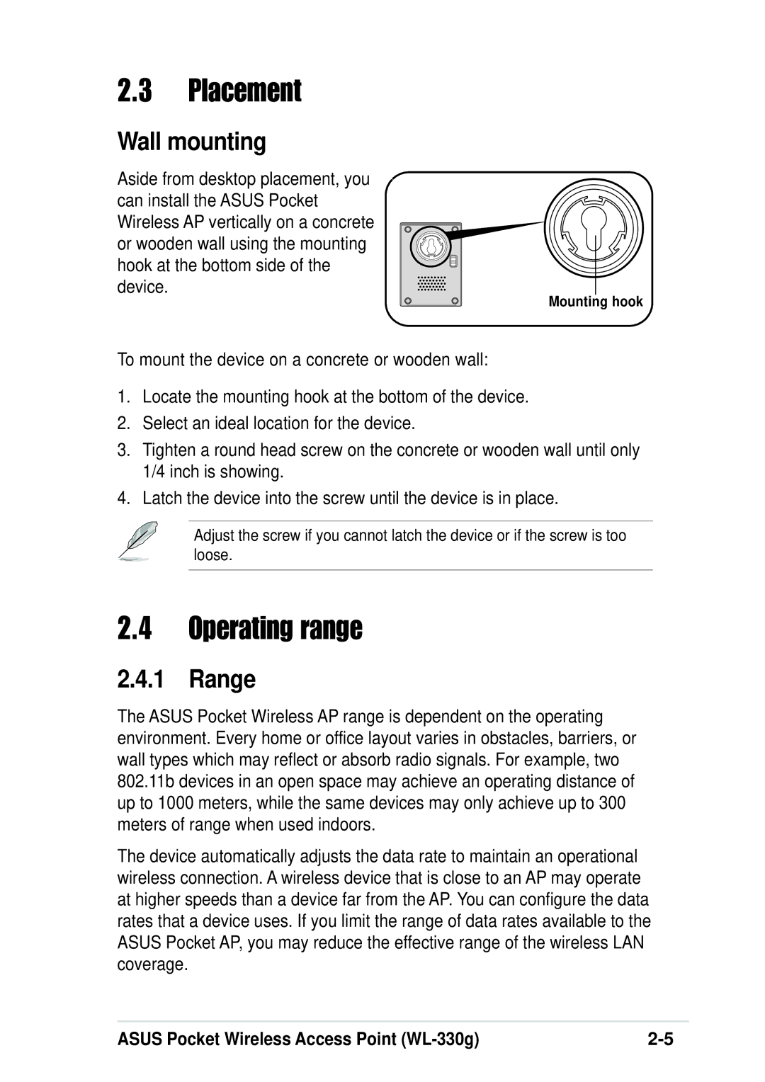 Asus WL-330G manual Placement, Operating range, Wall mounting, Range 