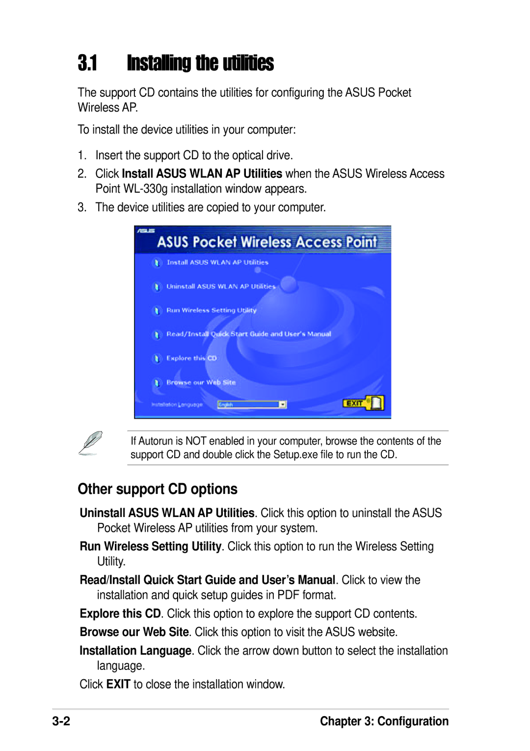 Asus WL-330G manual Installing the utilities, Other support CD options, Device utilities are copied to your computer 