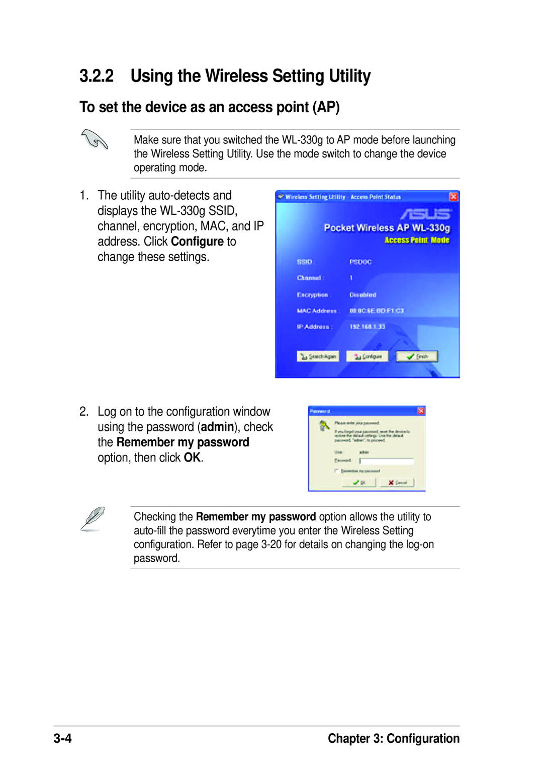 Asus WL-330G manual Using the Wireless Setting Utility, To set the device as an access point AP 