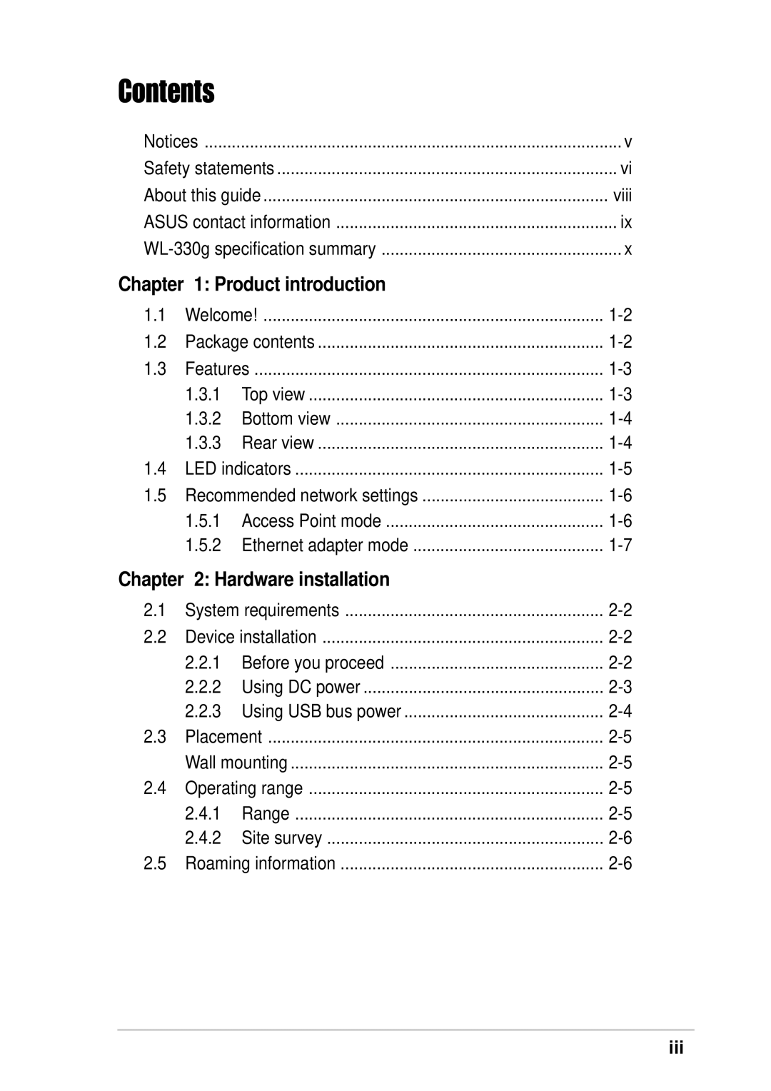 Asus WL-330G manual Contents 