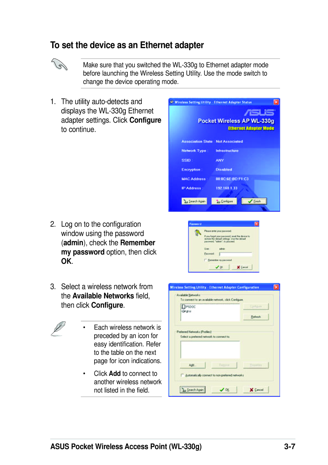 Asus WL-330G manual To set the device as an Ethernet adapter 